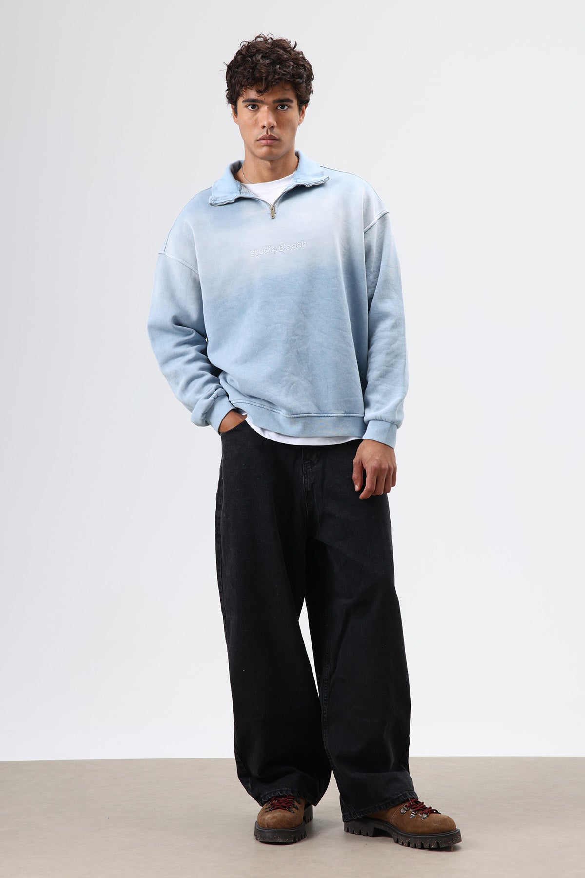 Yaka Fermuarlı Oversize Sweatshirt Bebe Mavi