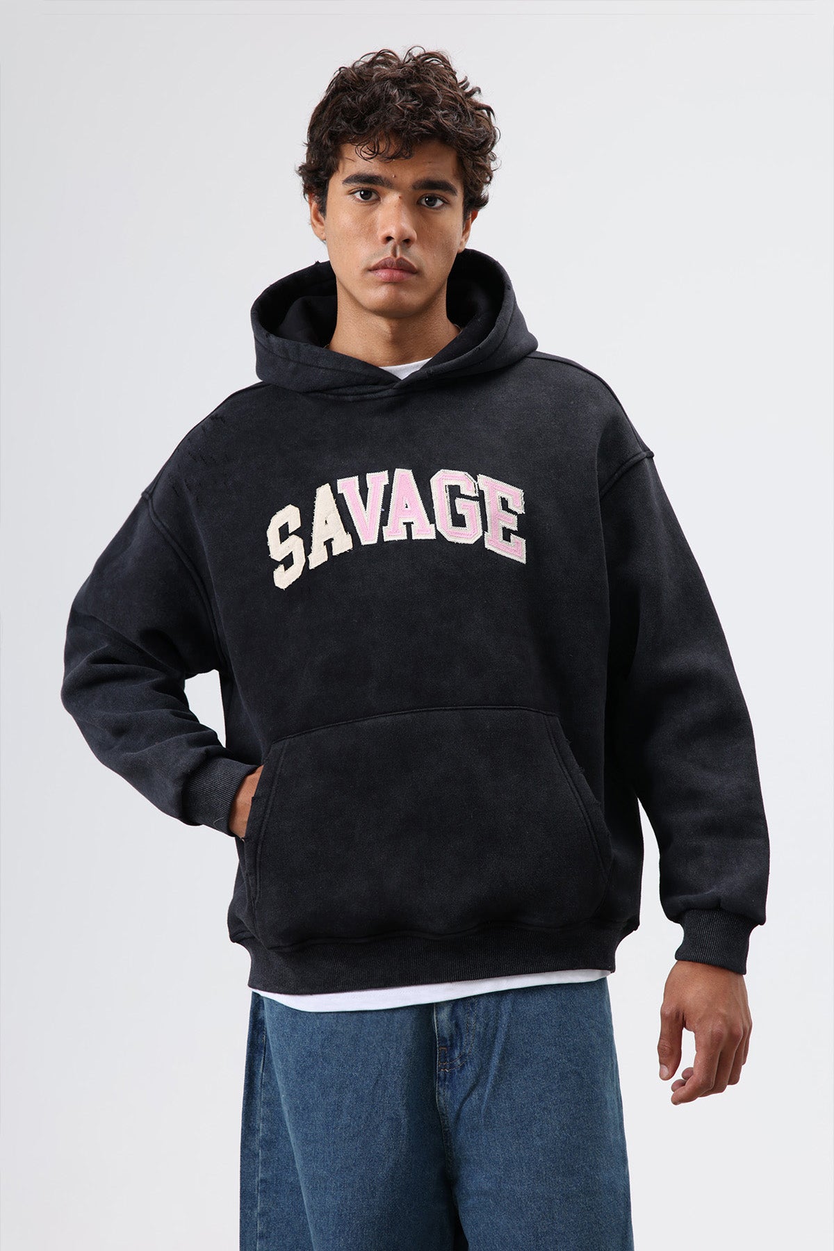 Oversize Baskılı Kapüşonlu Sweatshirt Siyah