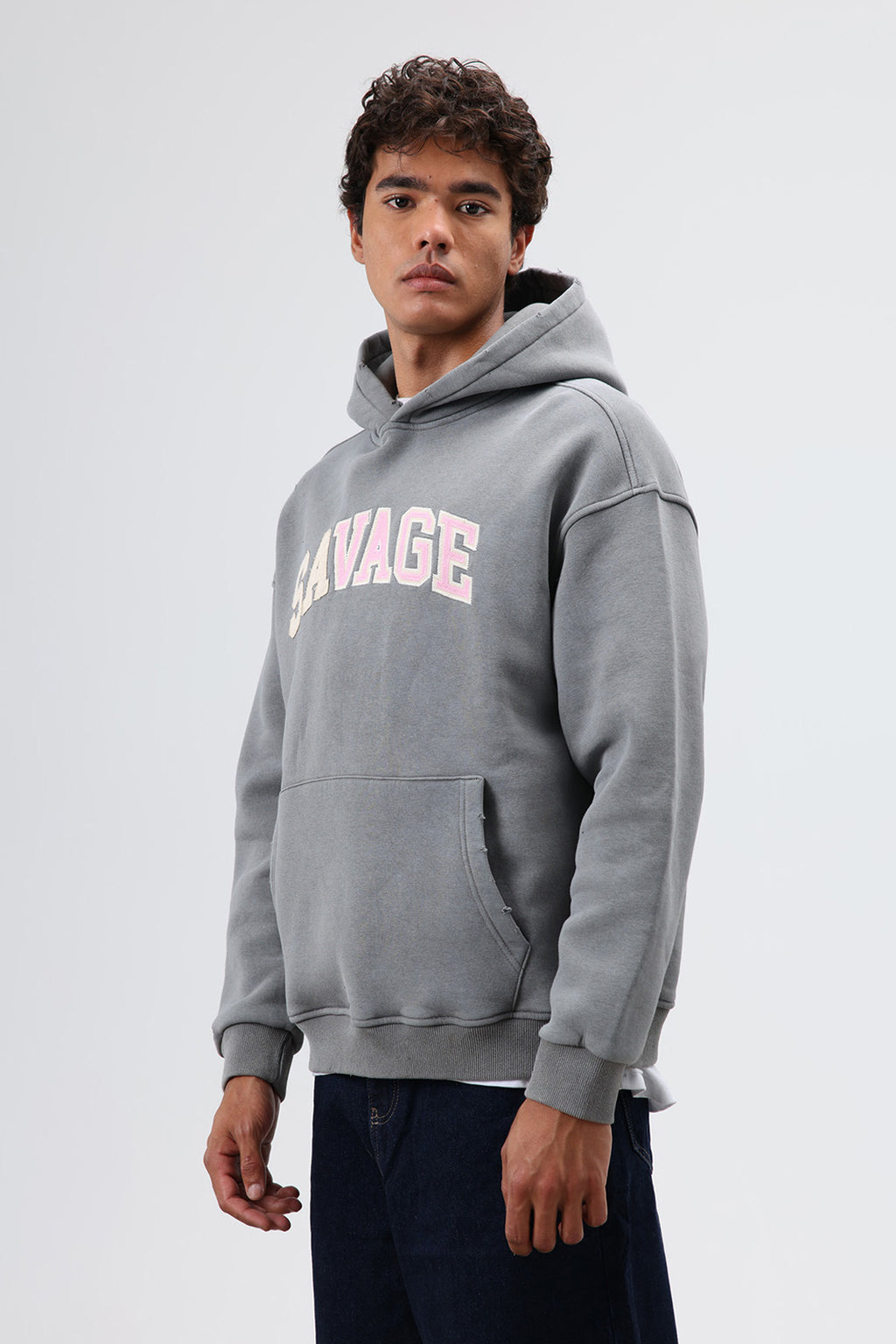 Oversize Baskılı Kapüşonlu Sweatshirt Füme