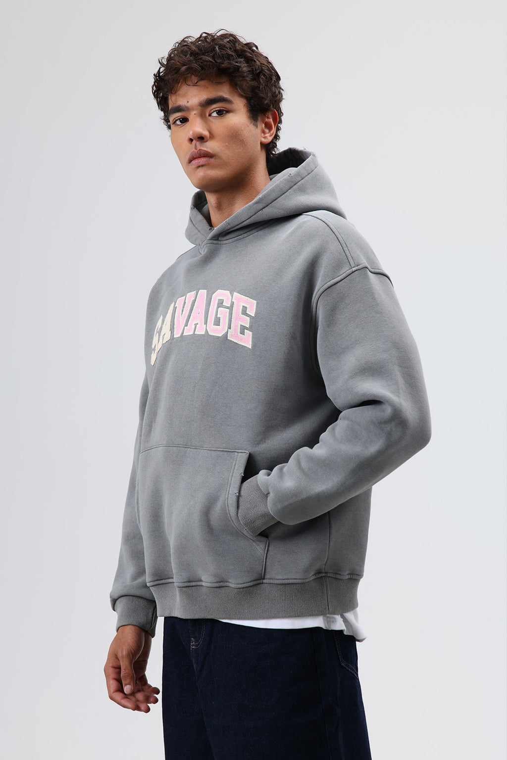 Oversize Baskılı Kapüşonlu Sweatshirt Füme