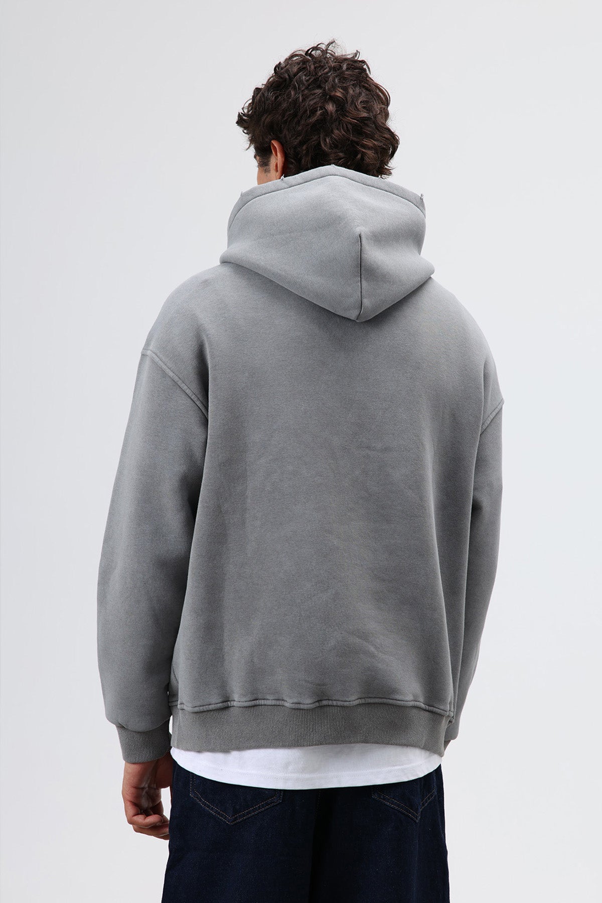 Oversize Baskılı Kapüşonlu Sweatshirt Füme