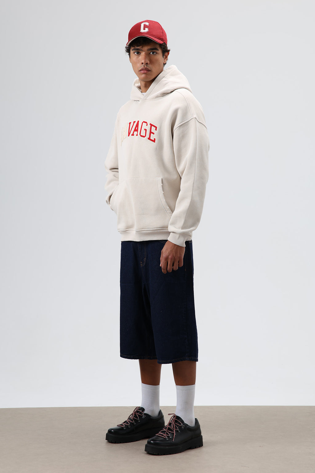 Oversize Baskılı Kapüşonlu Sweatshirt Taş