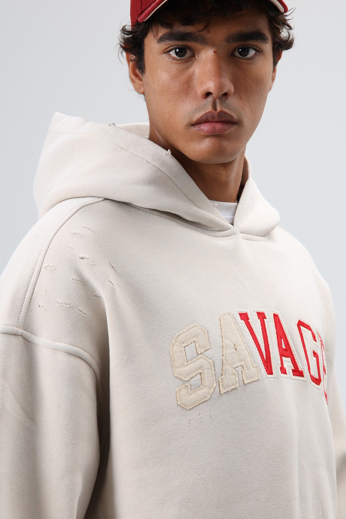 Oversize Baskılı Kapüşonlu Sweatshirt Taş