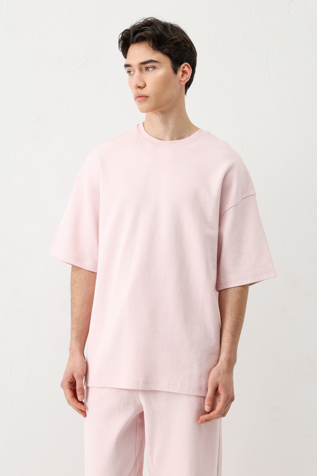 Kısa Kollu Yıkamalı Oversize Tişört Pembe