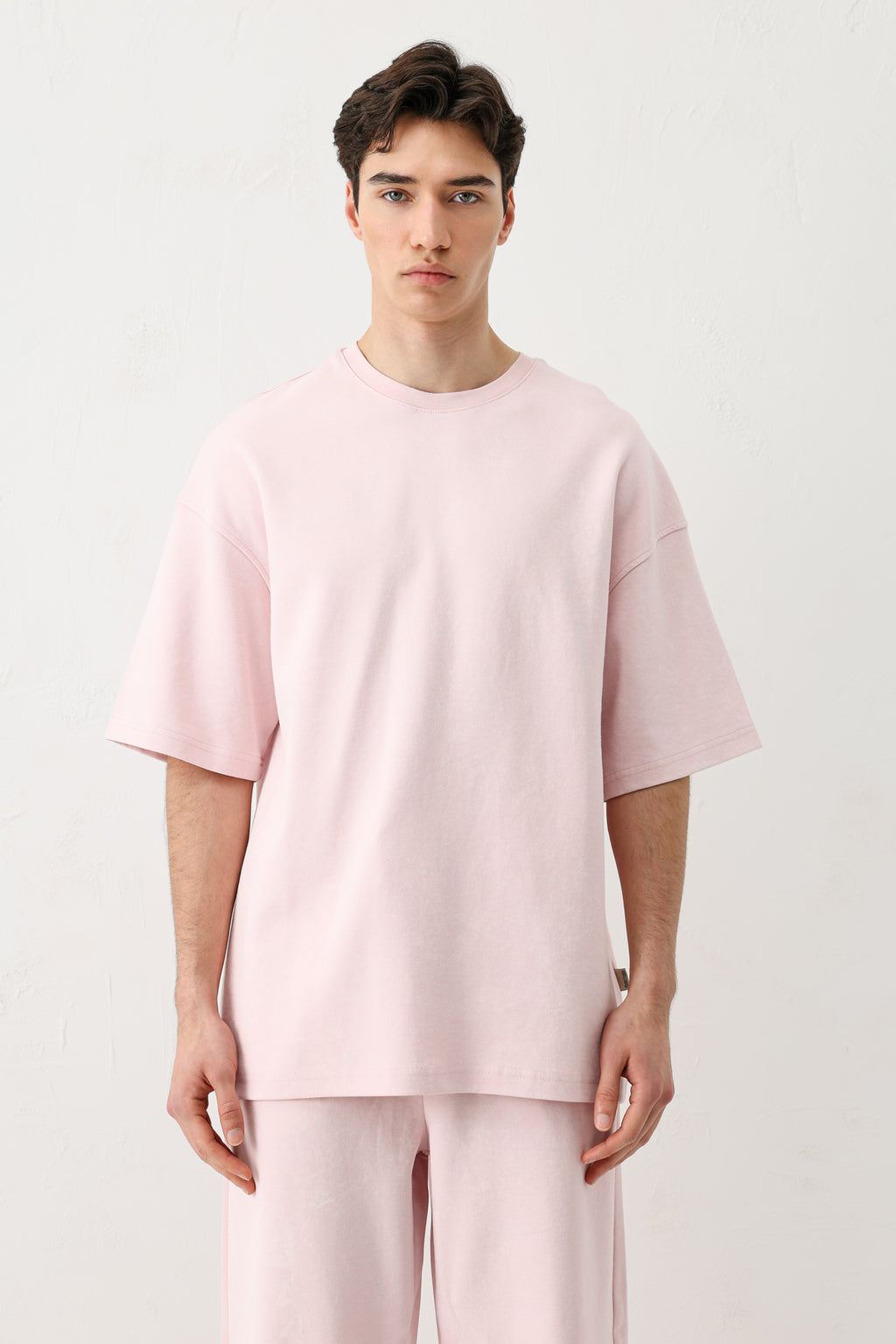 Kısa Kollu Yıkamalı Oversize Tişört Pembe