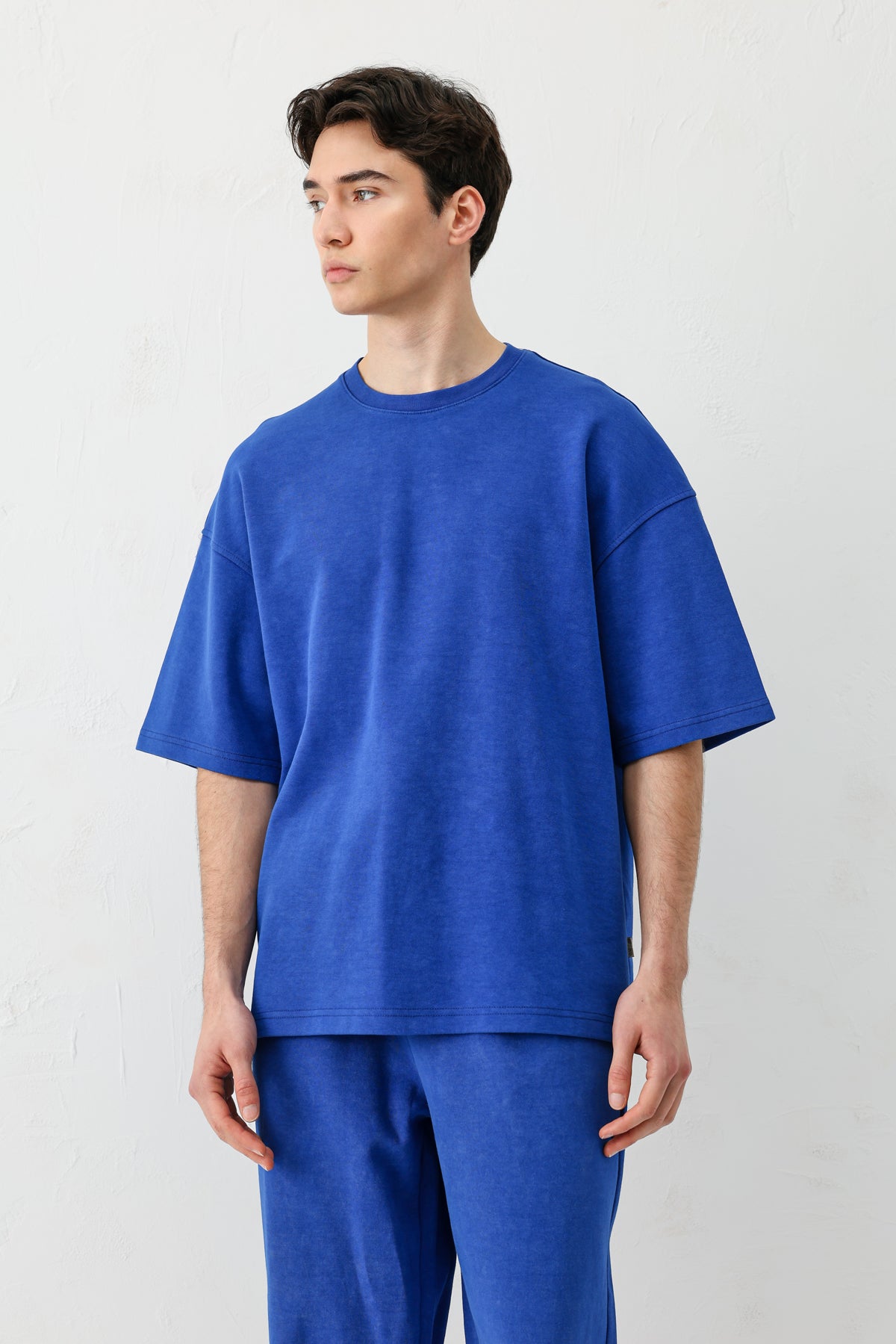 Kısa Kollu Yıkamalı Oversize Tişört Saks