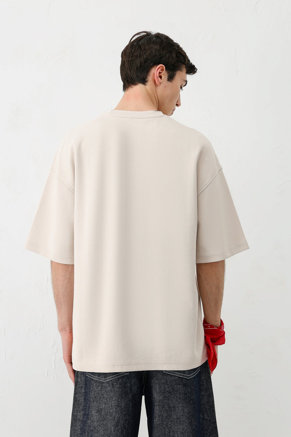 Yıkamalı Baskılı Oversize Tişört Açık Taş