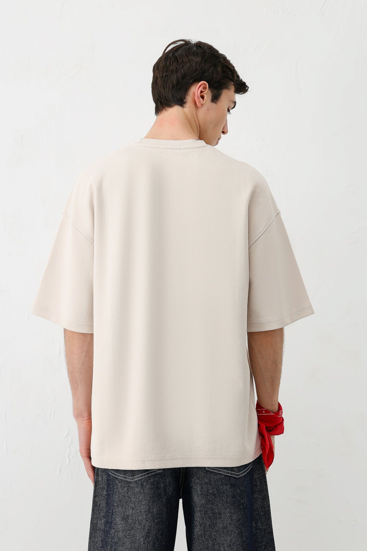 Yıkamalı Baskılı Oversize Tişört Açık Taş