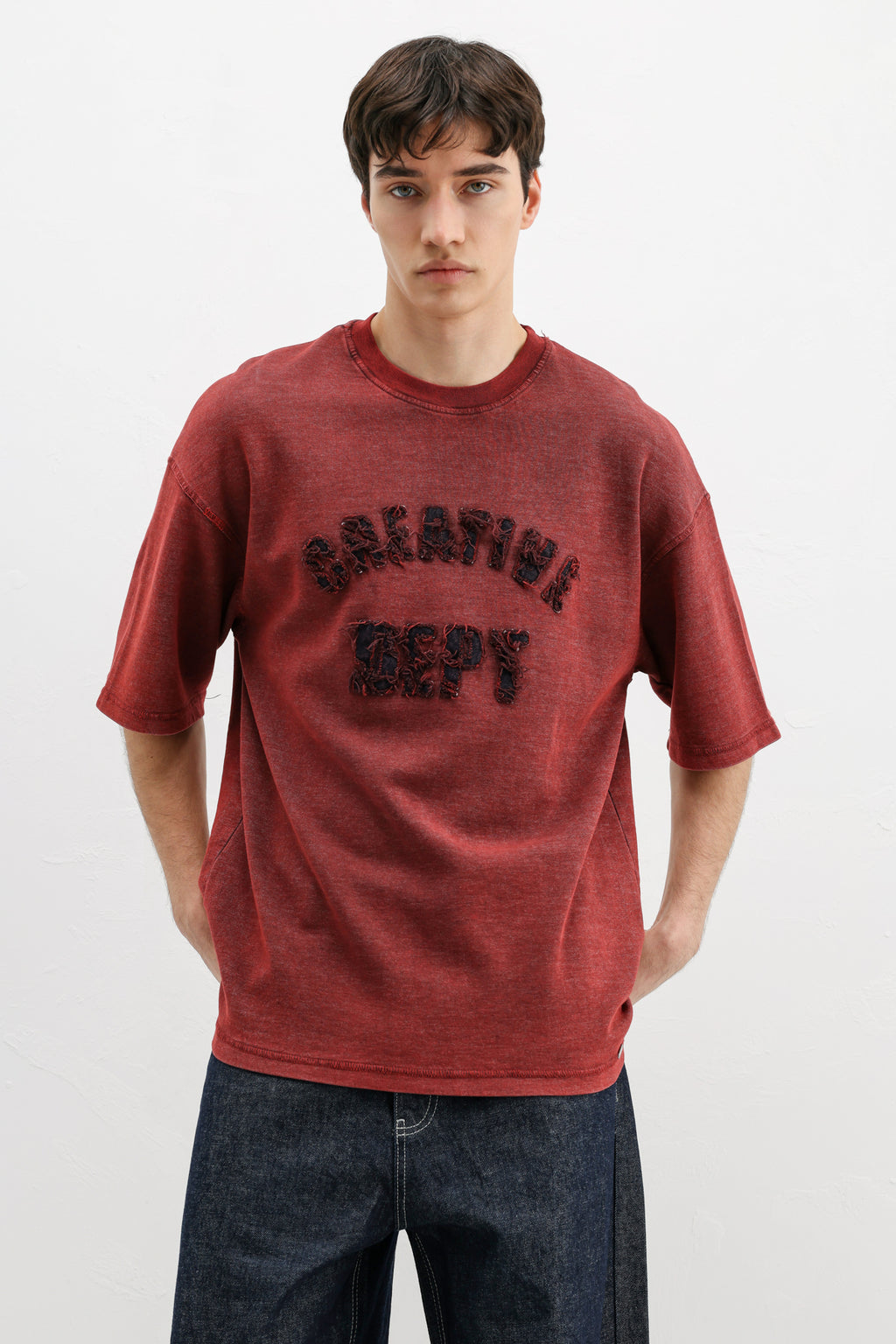 Yıkamalı Yazı Baskılı Oversize Tişört Bordo