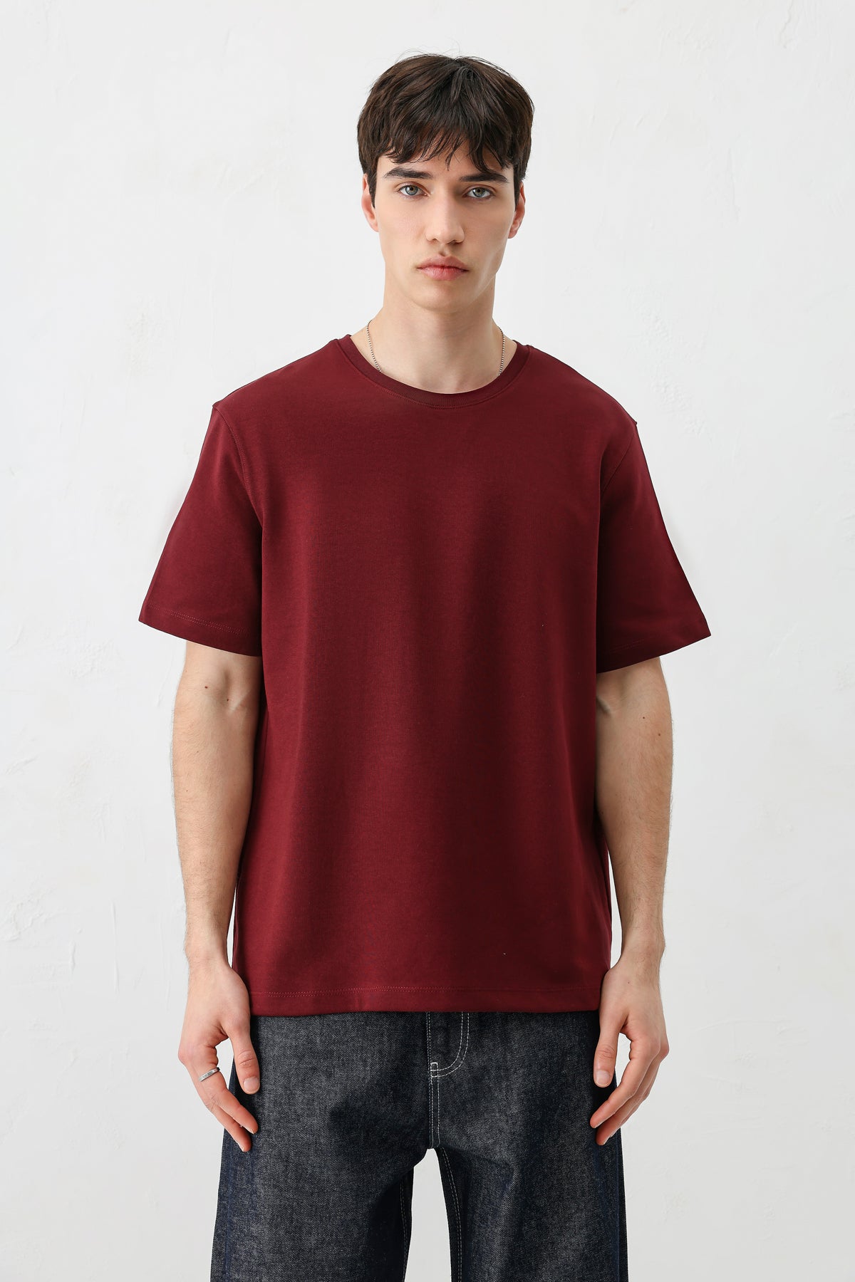 Kısa Kollu Boxy Fit Tişört Bordo