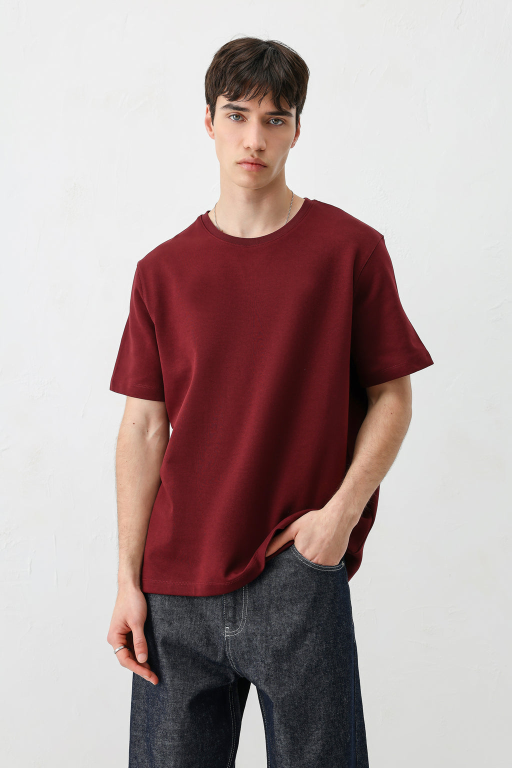 Kısa Kollu Boxy Fit Tişört Bordo