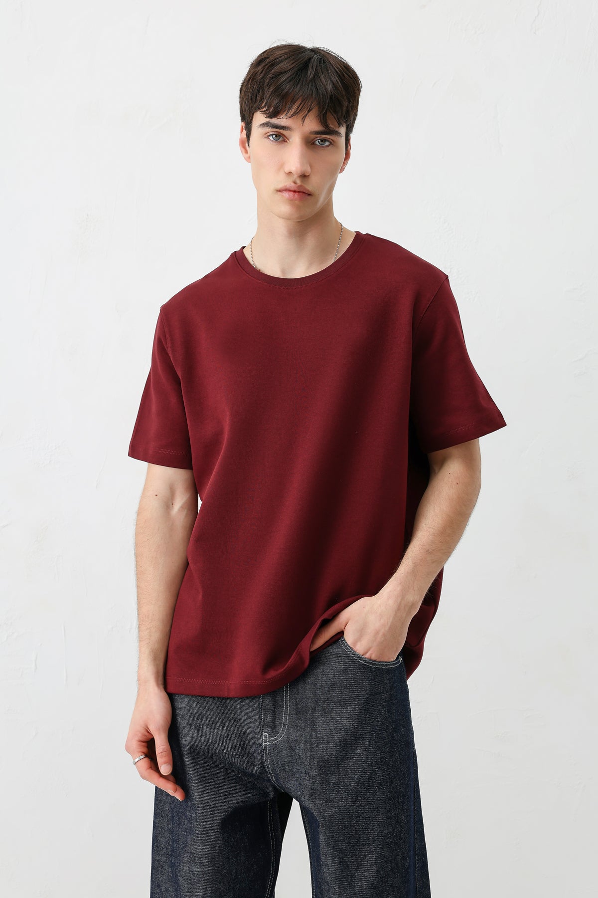 Kısa Kollu Boxy Fit Tişört Bordo