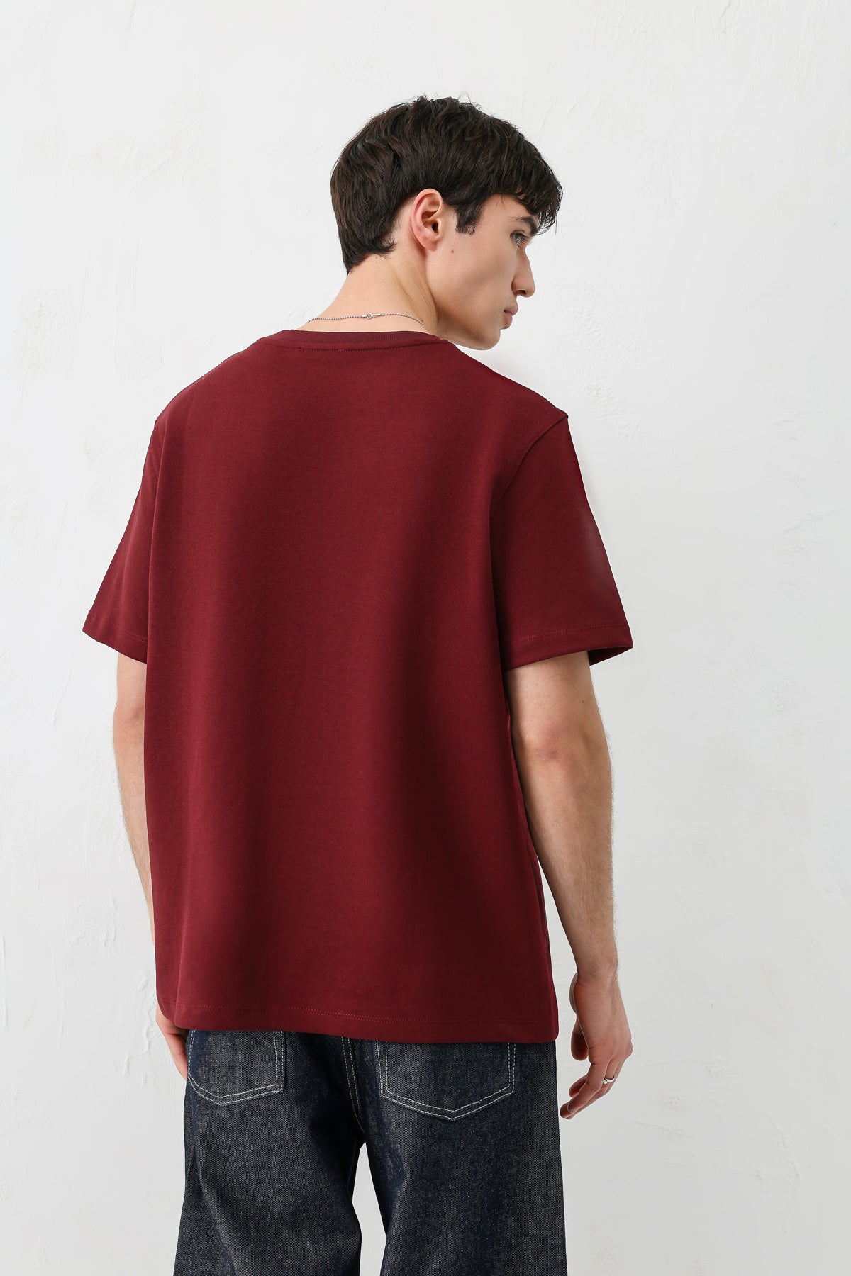 Kısa Kollu Boxy Fit Tişört Bordo