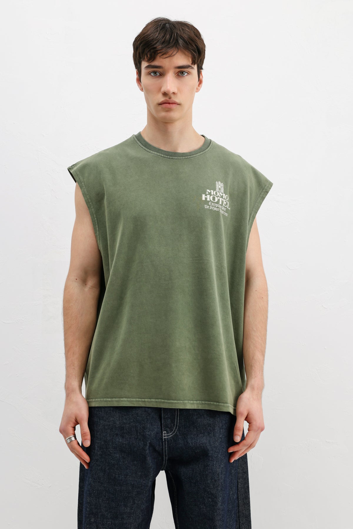 Baskılı Kolsuz Oversize Tişört Haki