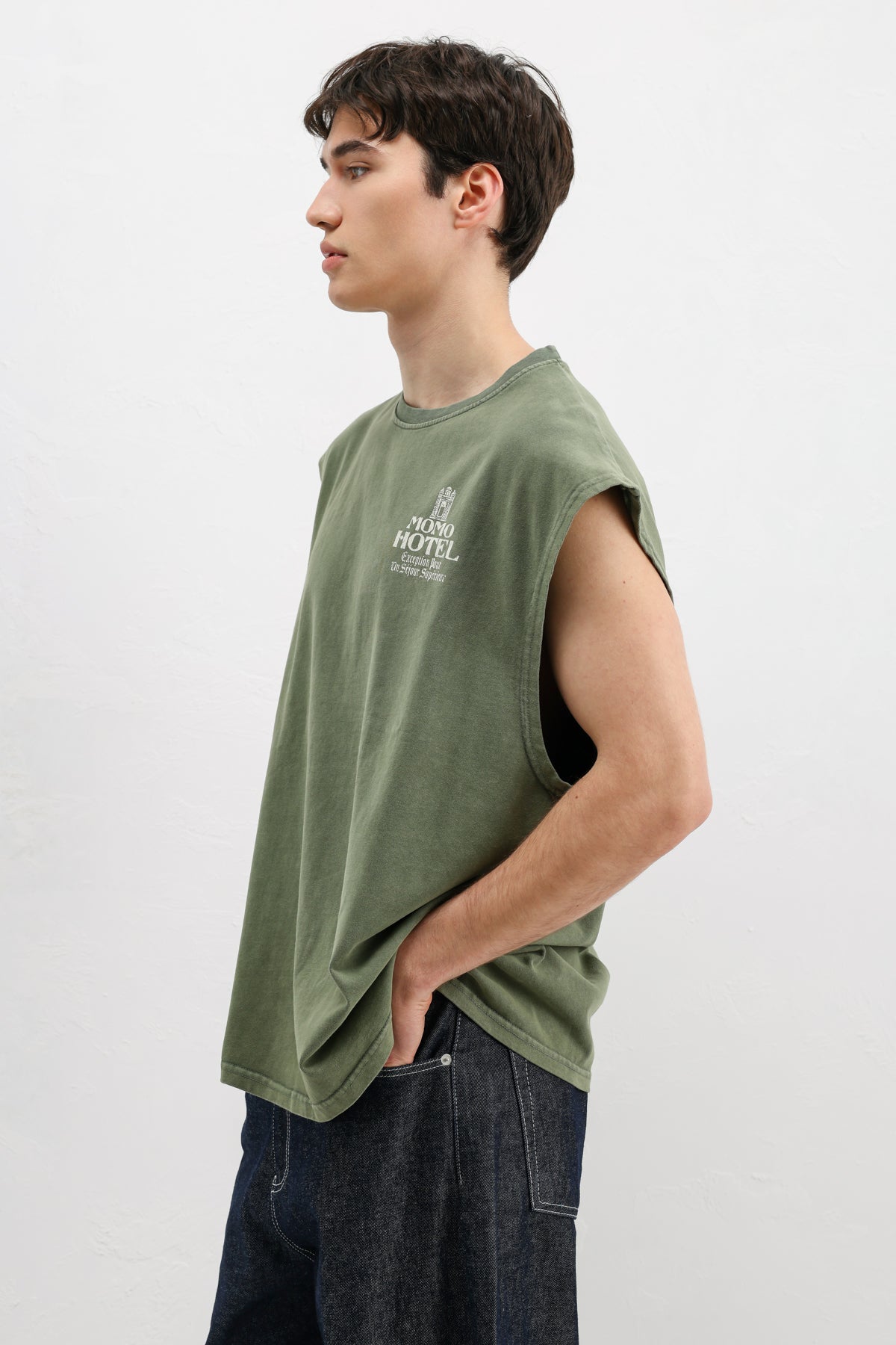 Baskılı Kolsuz Oversize Tişört Haki