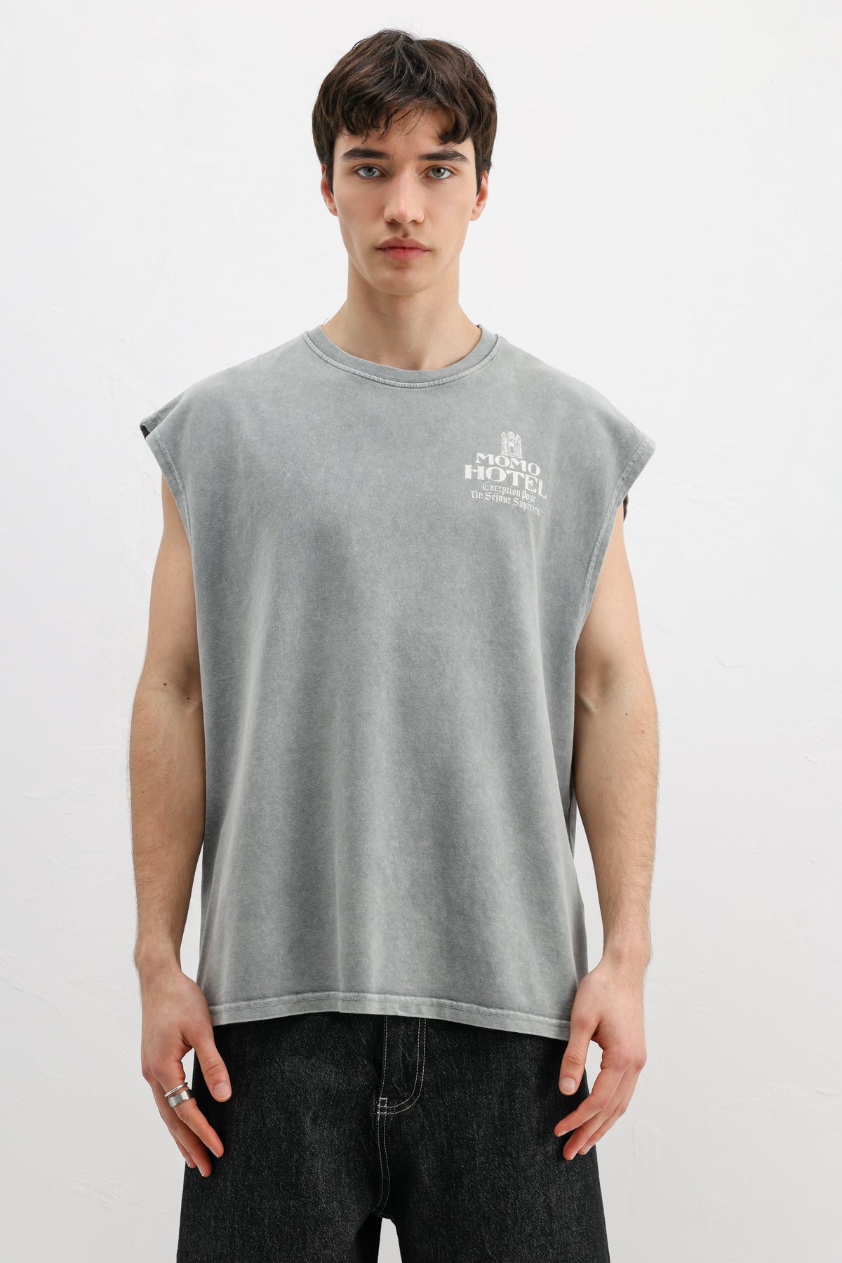 Baskılı Kolsuz Oversize Tişört Gri