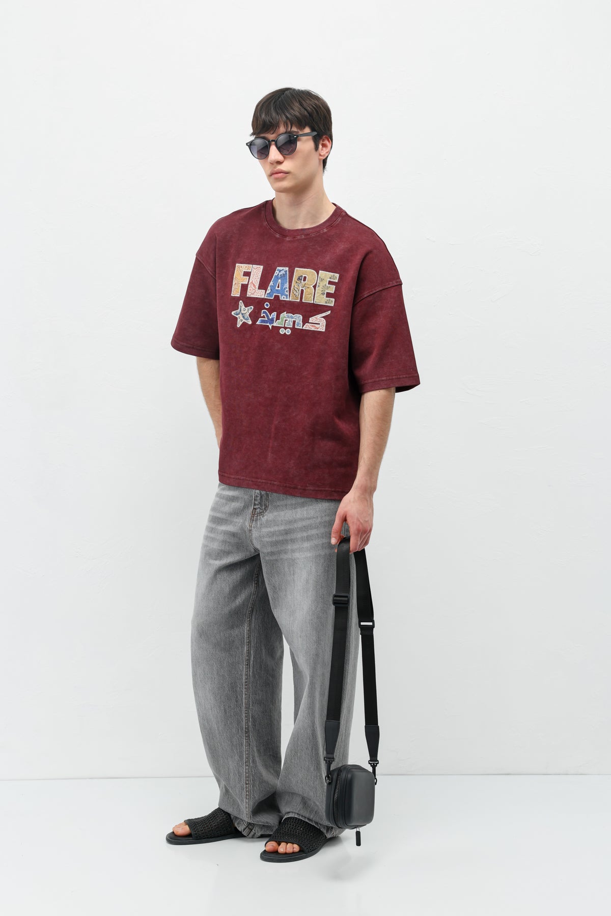 Baskılı Oversize Tişört Bordo