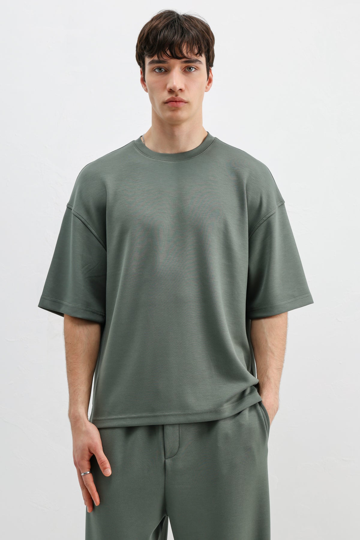 Modal Karışımlı Oversize Tişört Haki