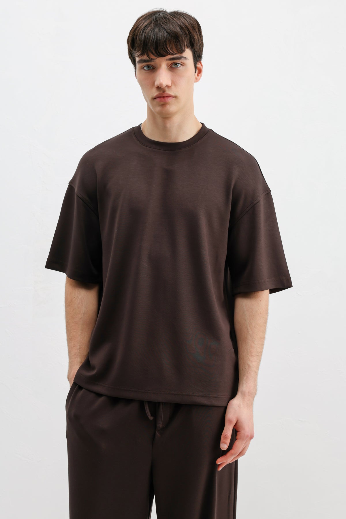 Modal Karışımlı Oversize Tişört Kahve