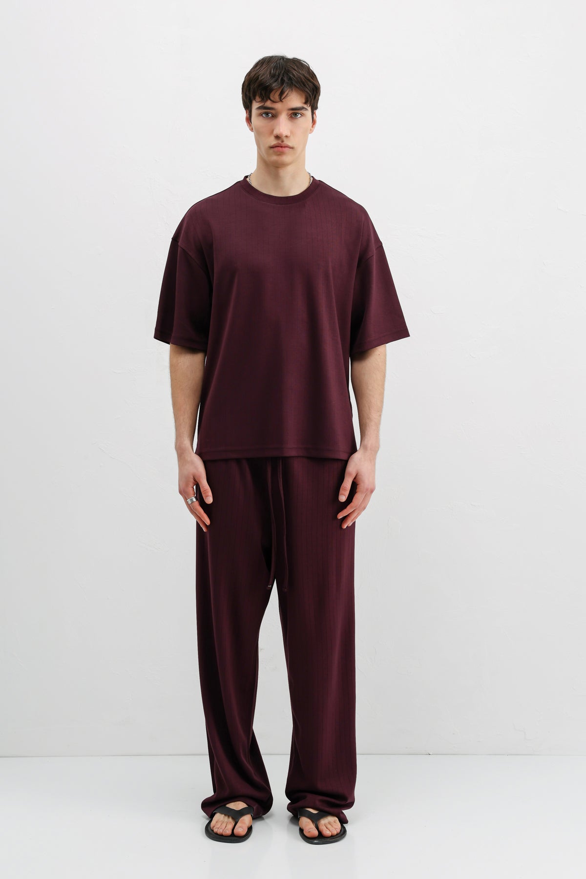 Fitilli Dokulu Oversize Tişört Mürdüm