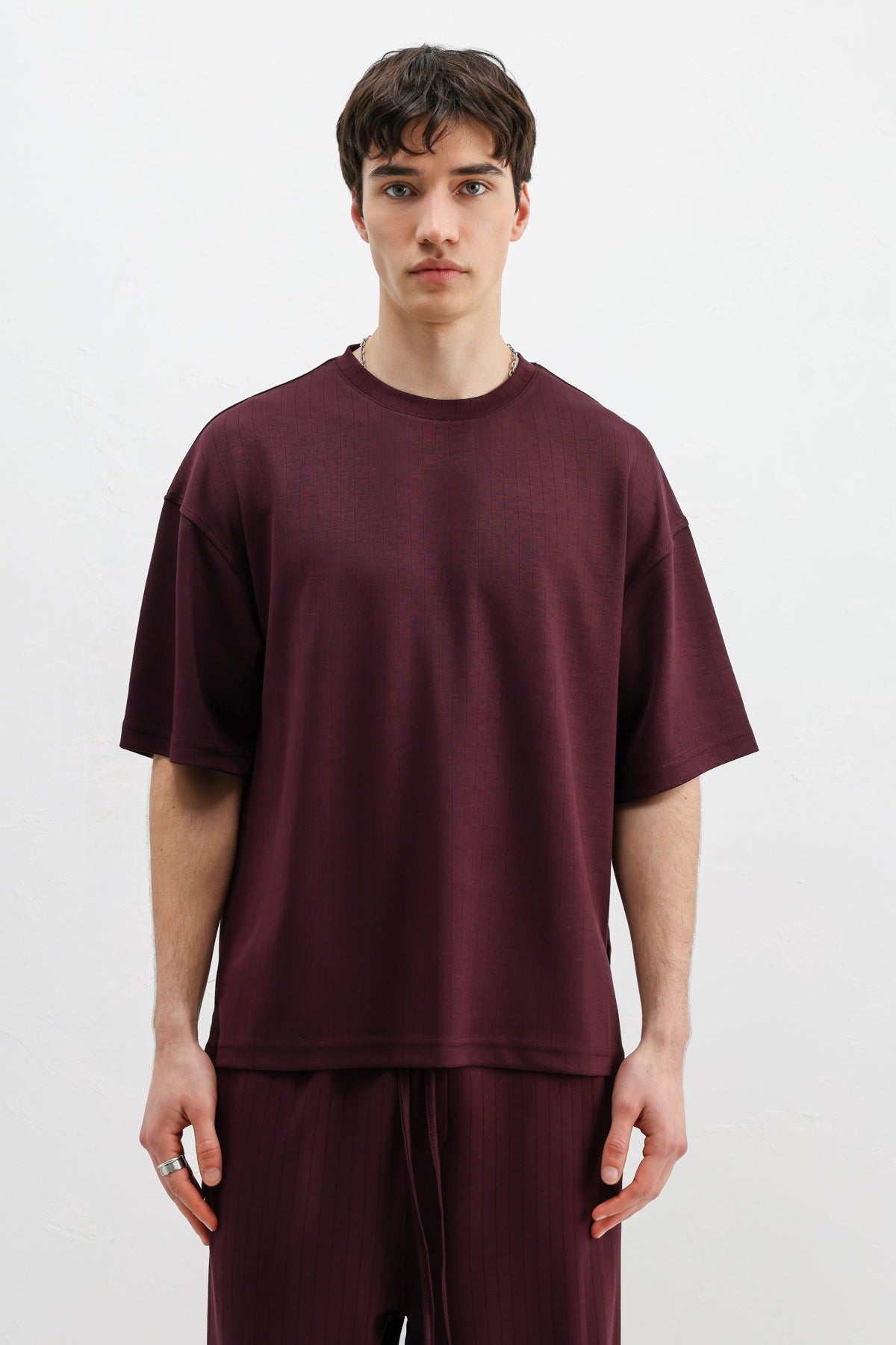 Fitilli Dokulu Oversize Tişört Mürdüm