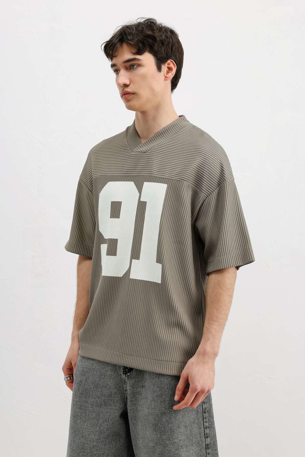 Baskılı Fitilli Oversize Tişört Haki