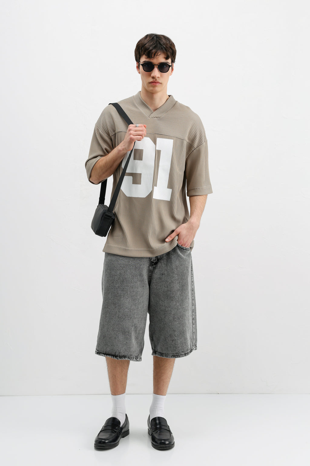 Baskılı Fitilli Oversize Tişört Bej