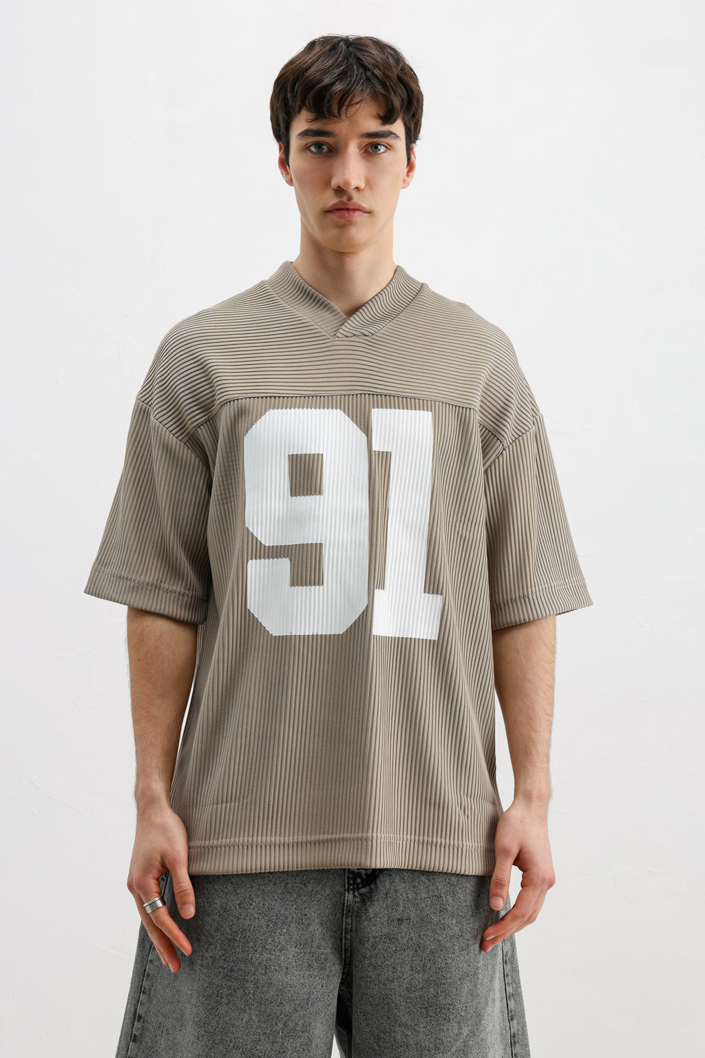 Baskılı Fitilli Oversize Tişört Bej
