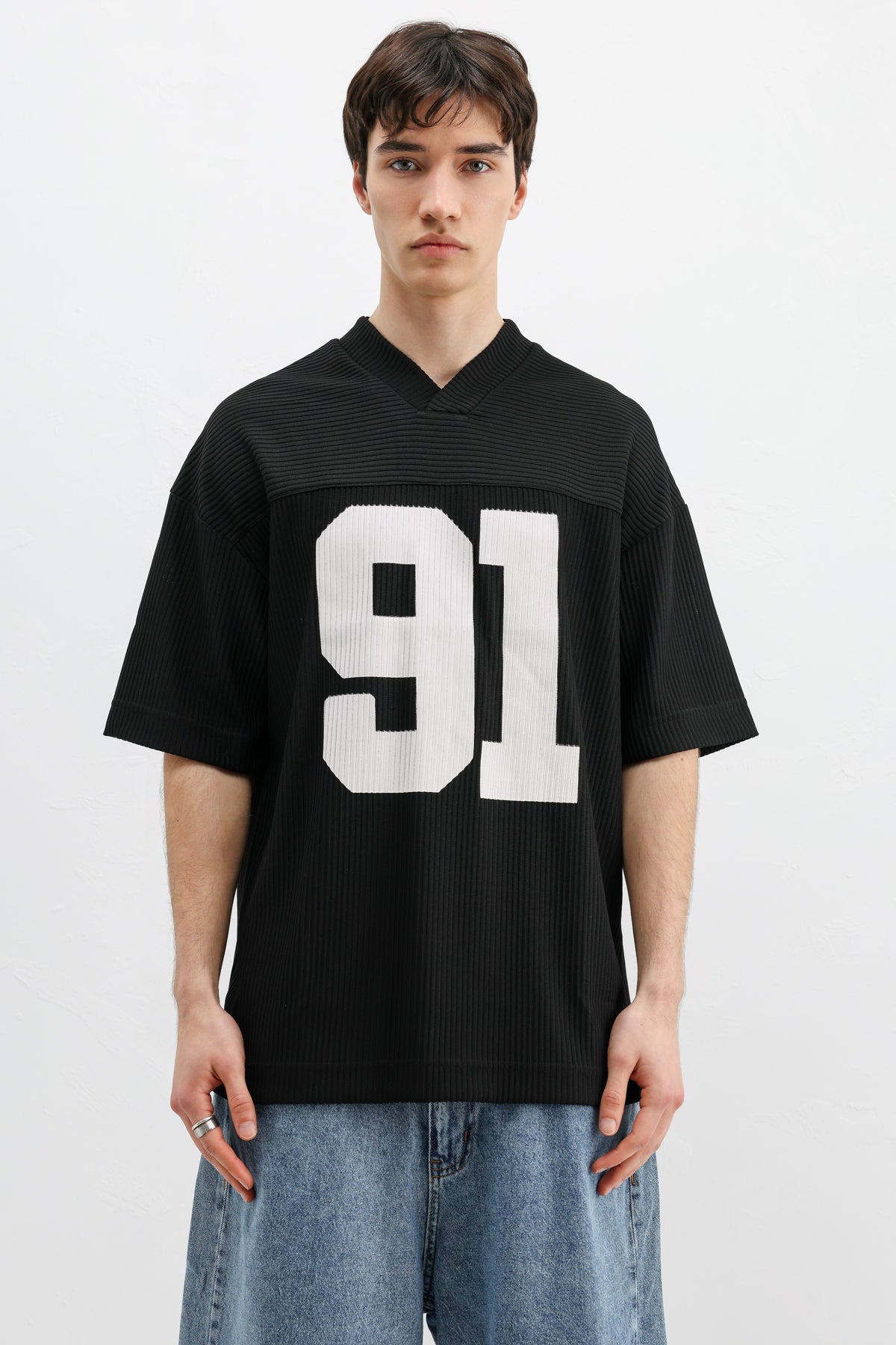 Baskılı Fitilli Oversize Tişört Siyah