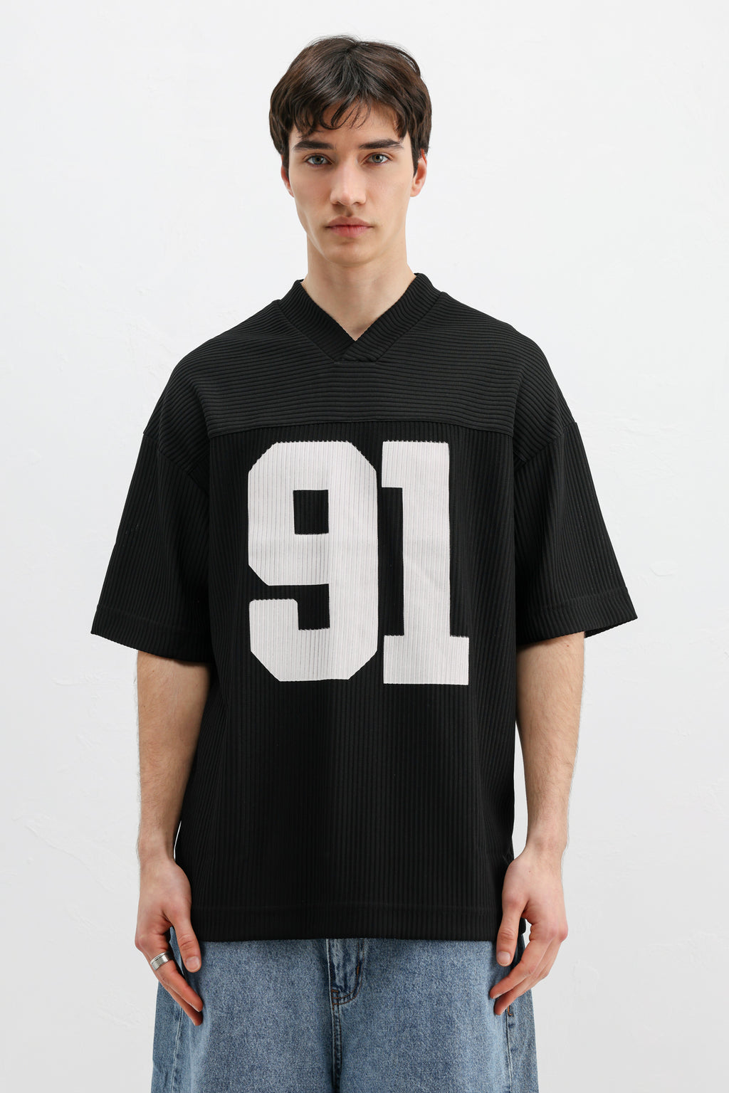 Baskılı Fitilli Oversize Tişört Siyah