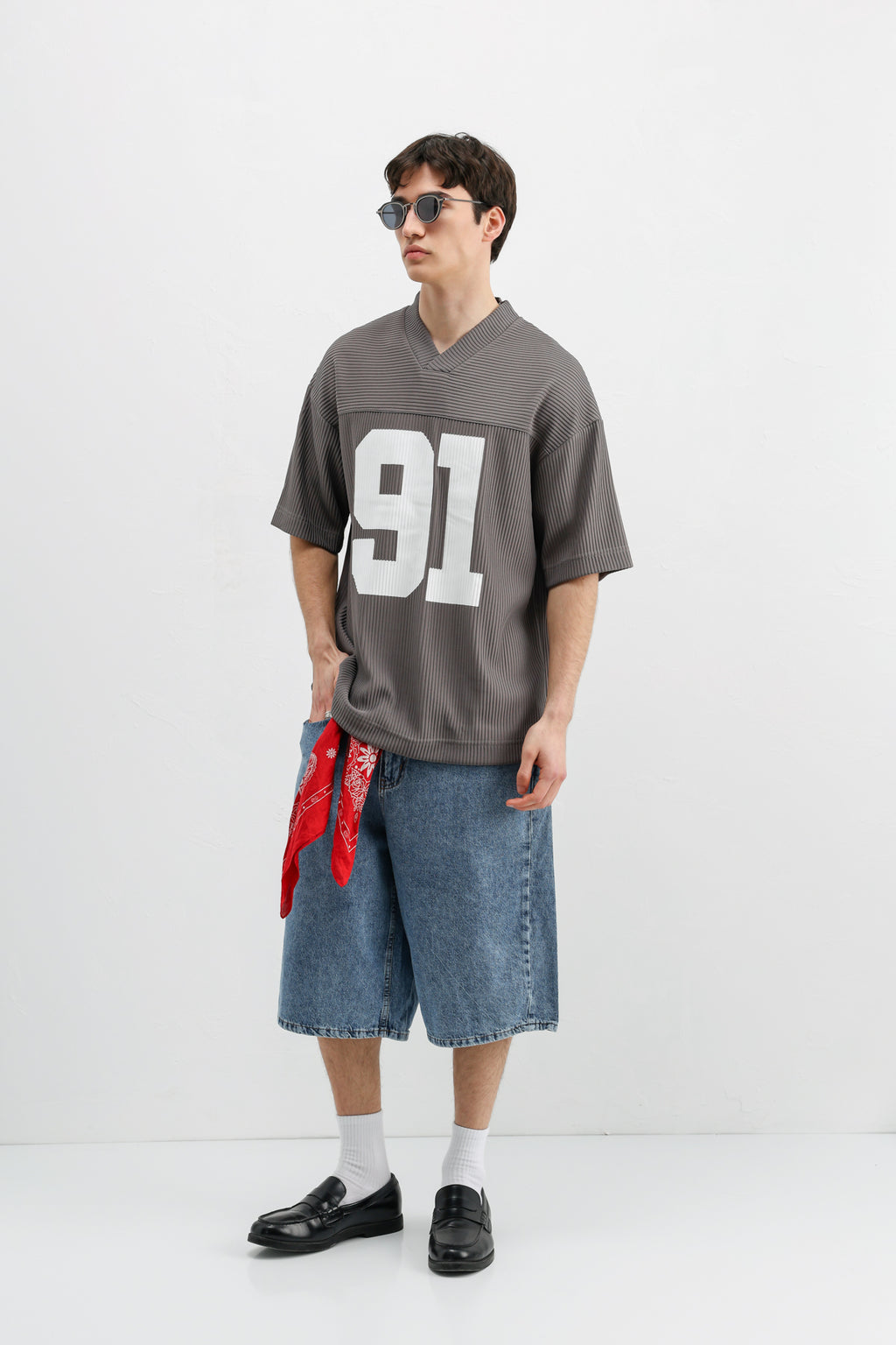 Baskılı Fitilli Oversize Tişört Gri