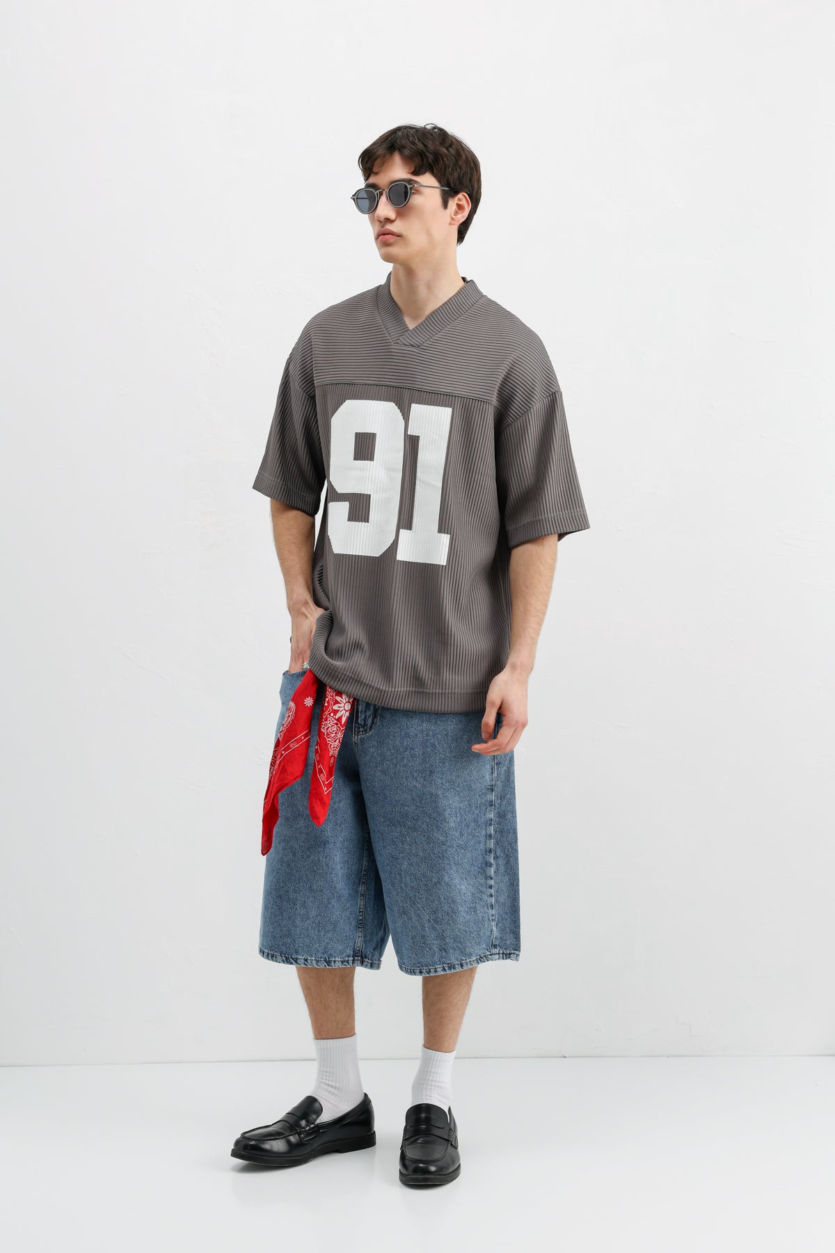 Baskılı Fitilli Oversize Tişört Gri