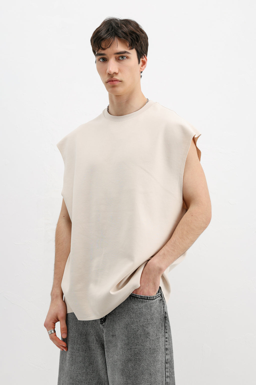 Oversize Kolsuz Basic Tişört Taş