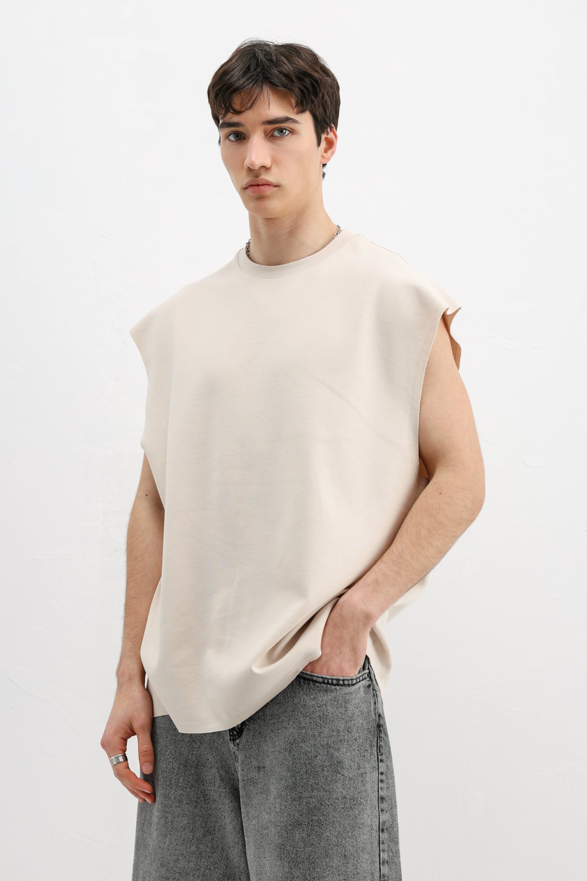 Oversize Kolsuz Basic Tişört Taş