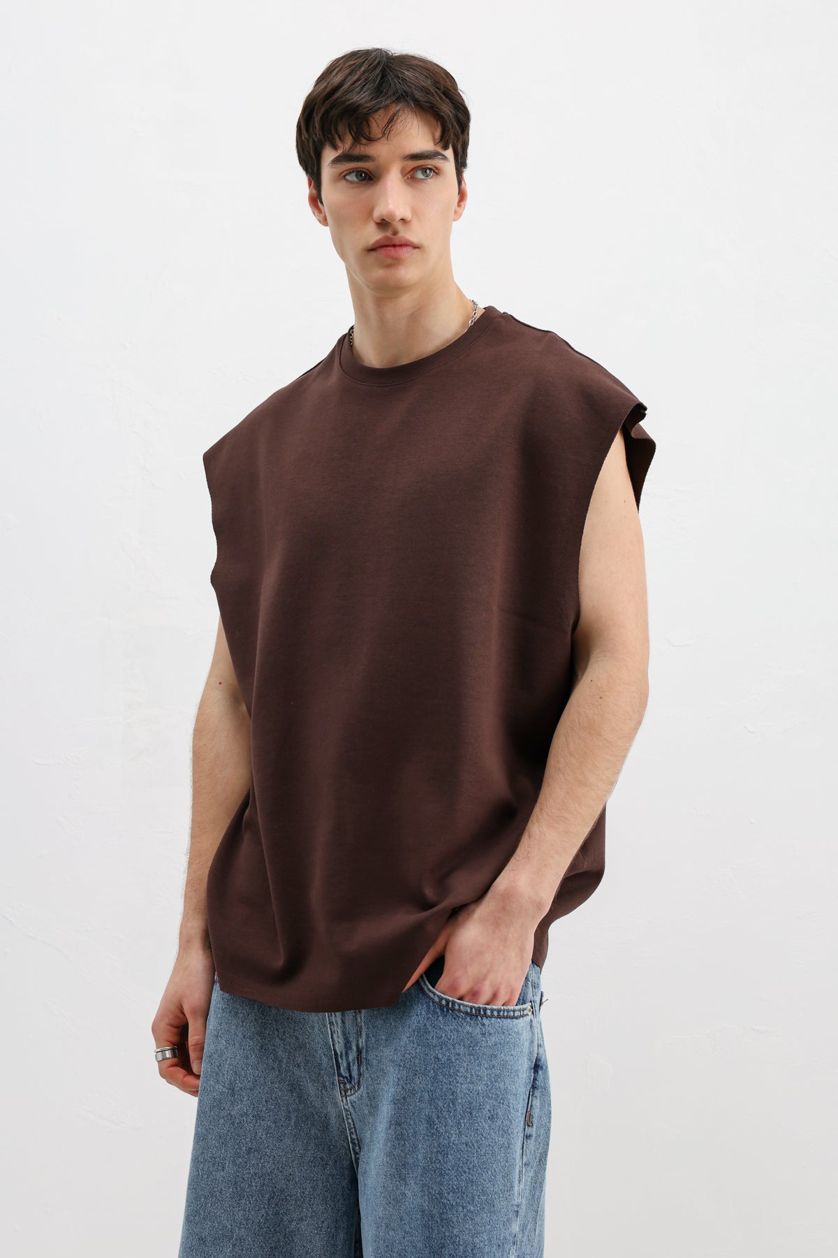 Oversize Kolsuz Basic Tişört Kahve