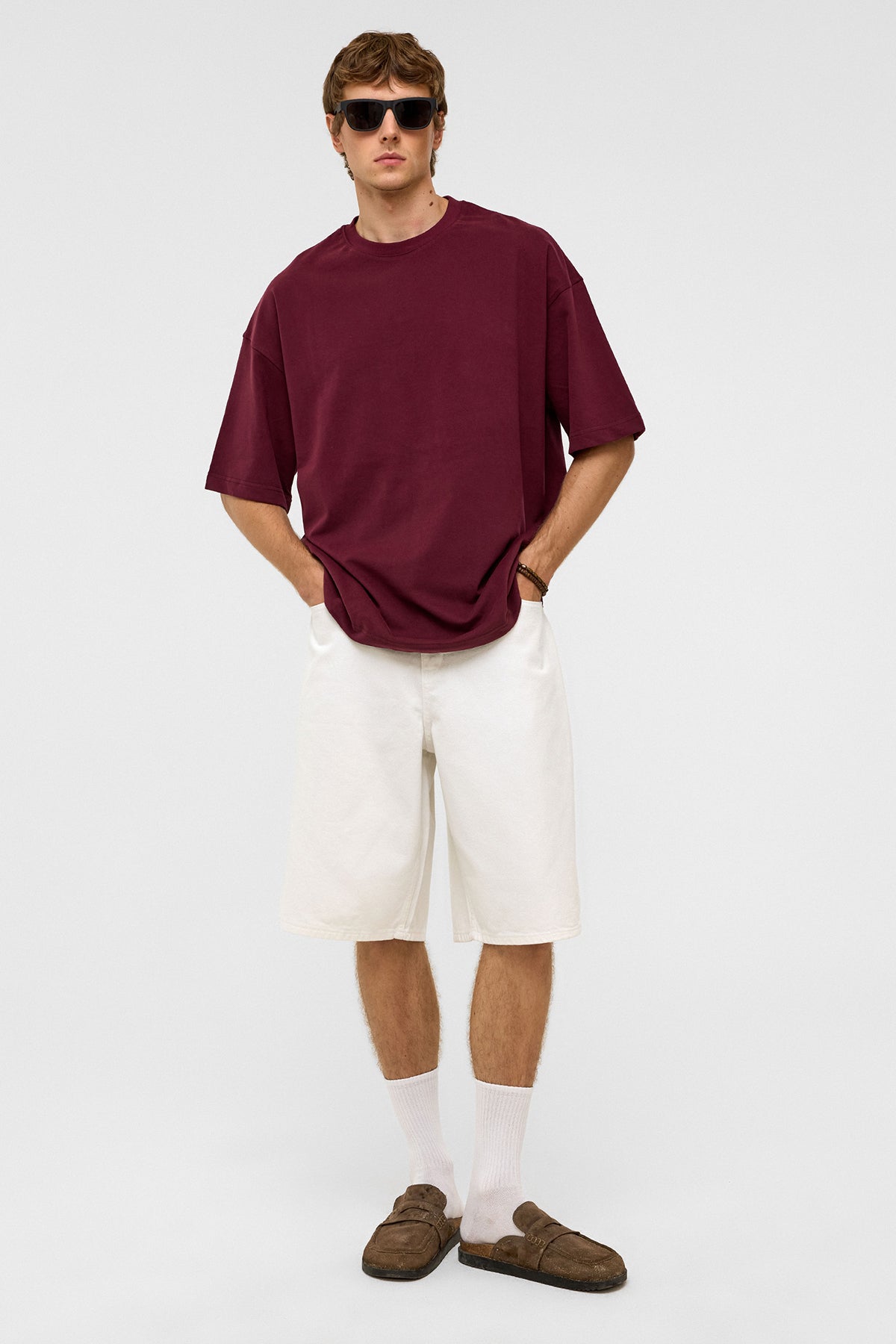 Basic Oversize Bisiklet Yaka Tişört Bordo