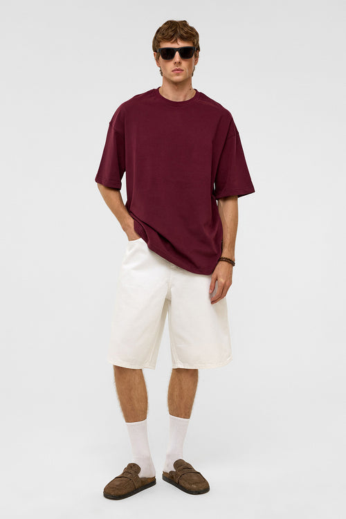 Basic Oversize Bisiklet Yaka Tişört Bordo