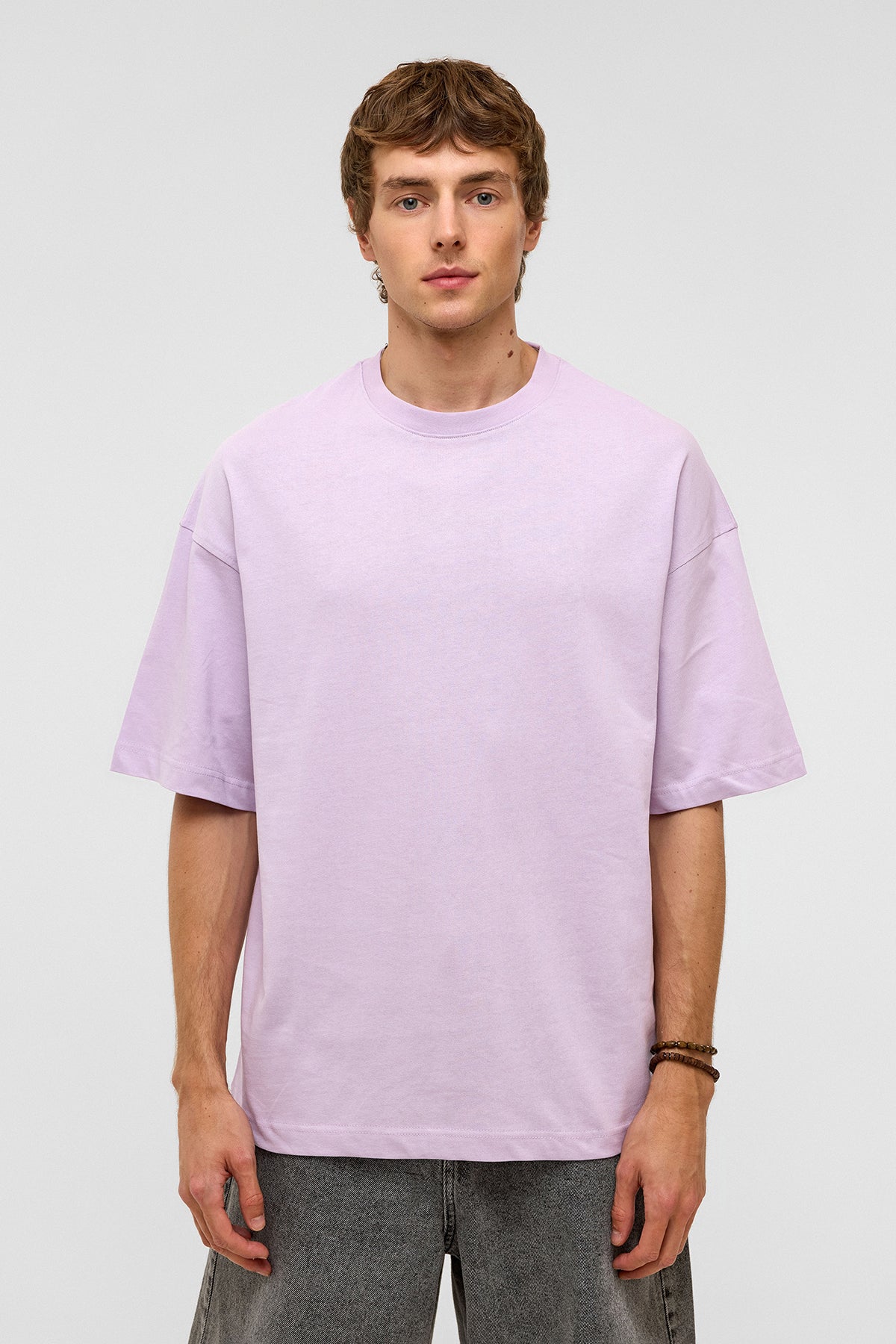 Basic Oversize Bisiklet Yaka Tişört Lila