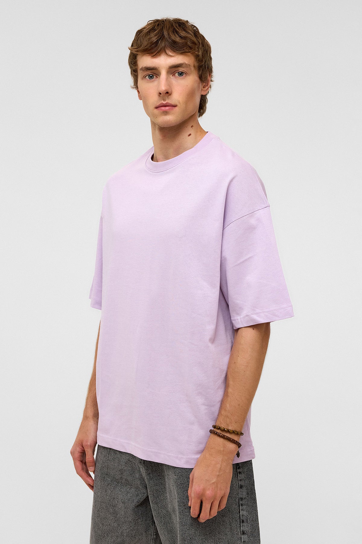 Basic Oversize Bisiklet Yaka Tişört Lila