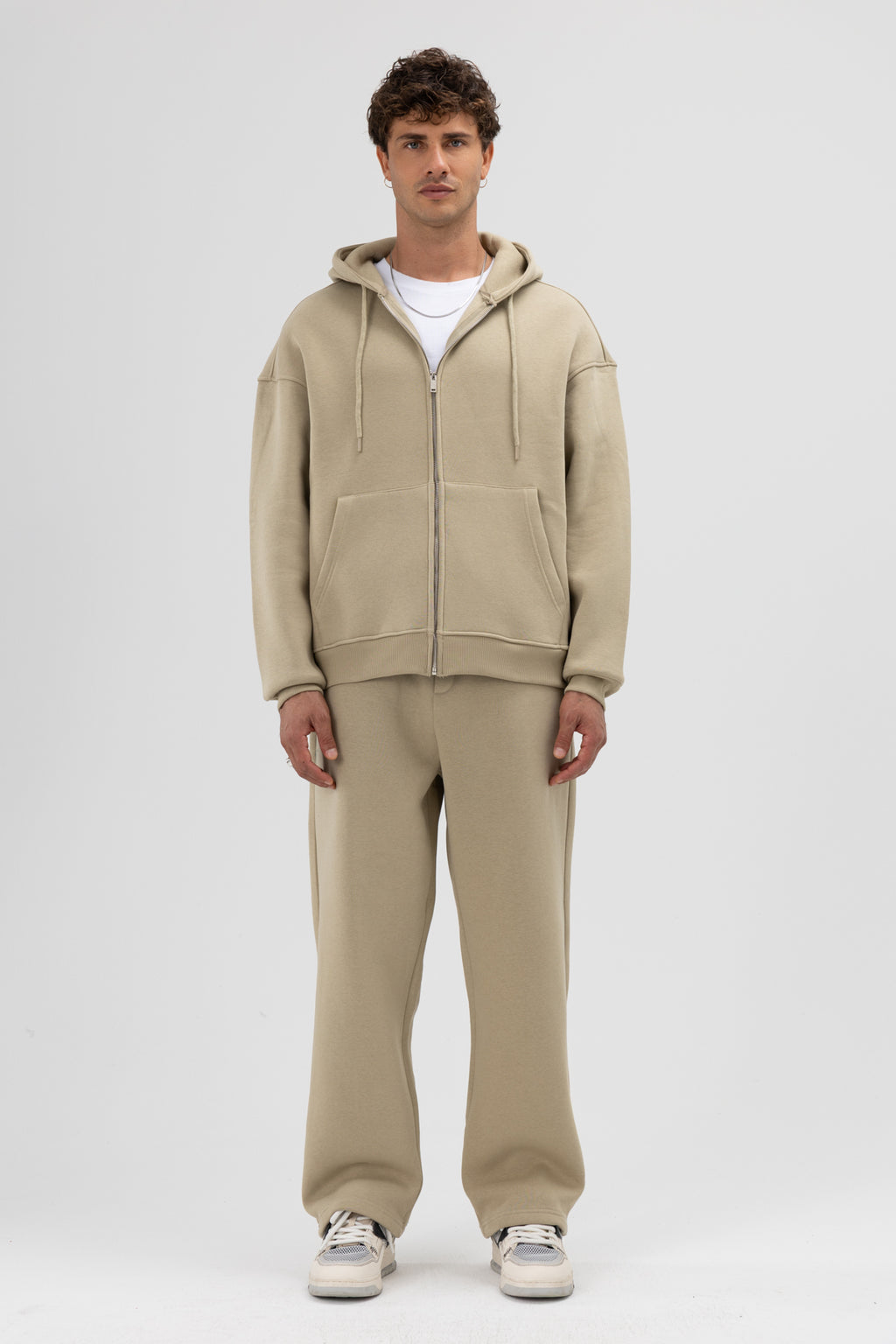 Basic Fermuarlı Oversize Kapüşonlu Sweatshirt Haki