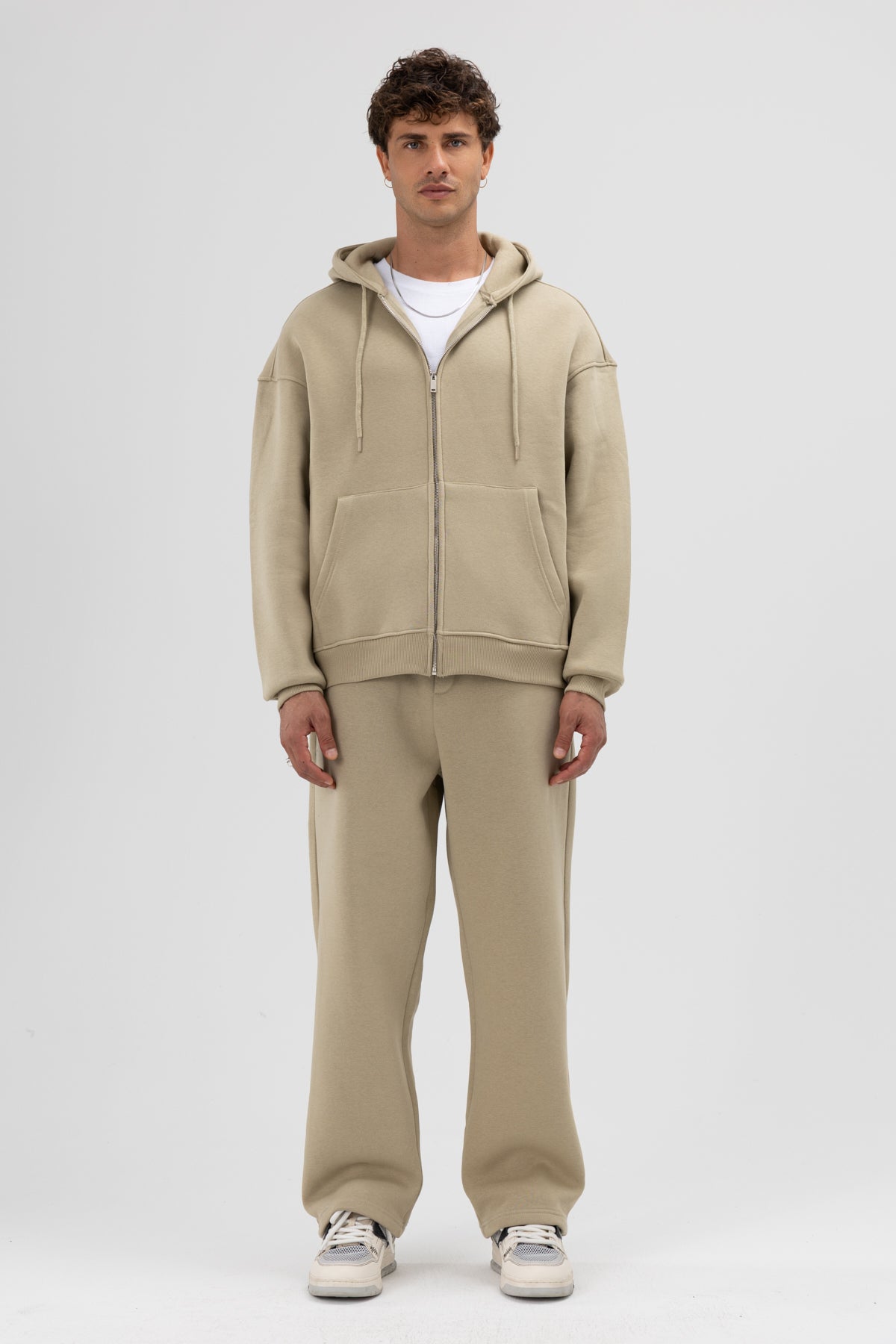 Basic Fermuarlı Oversize Kapüşonlu Sweatshirt Haki