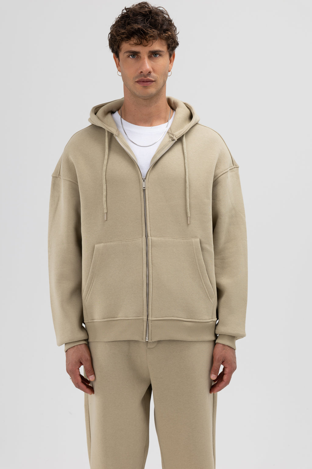 Basic Fermuarlı Oversize Kapüşonlu Sweatshirt Haki