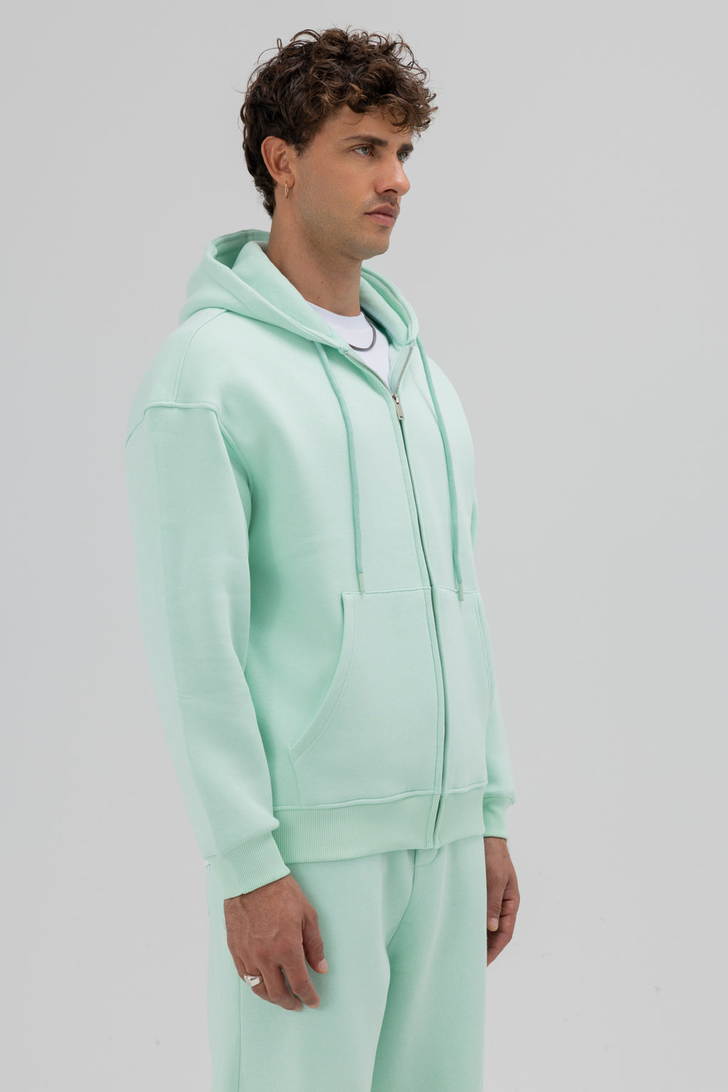 Basic Fermuarlı Oversize Kapüşonlu Sweatshirt Mint