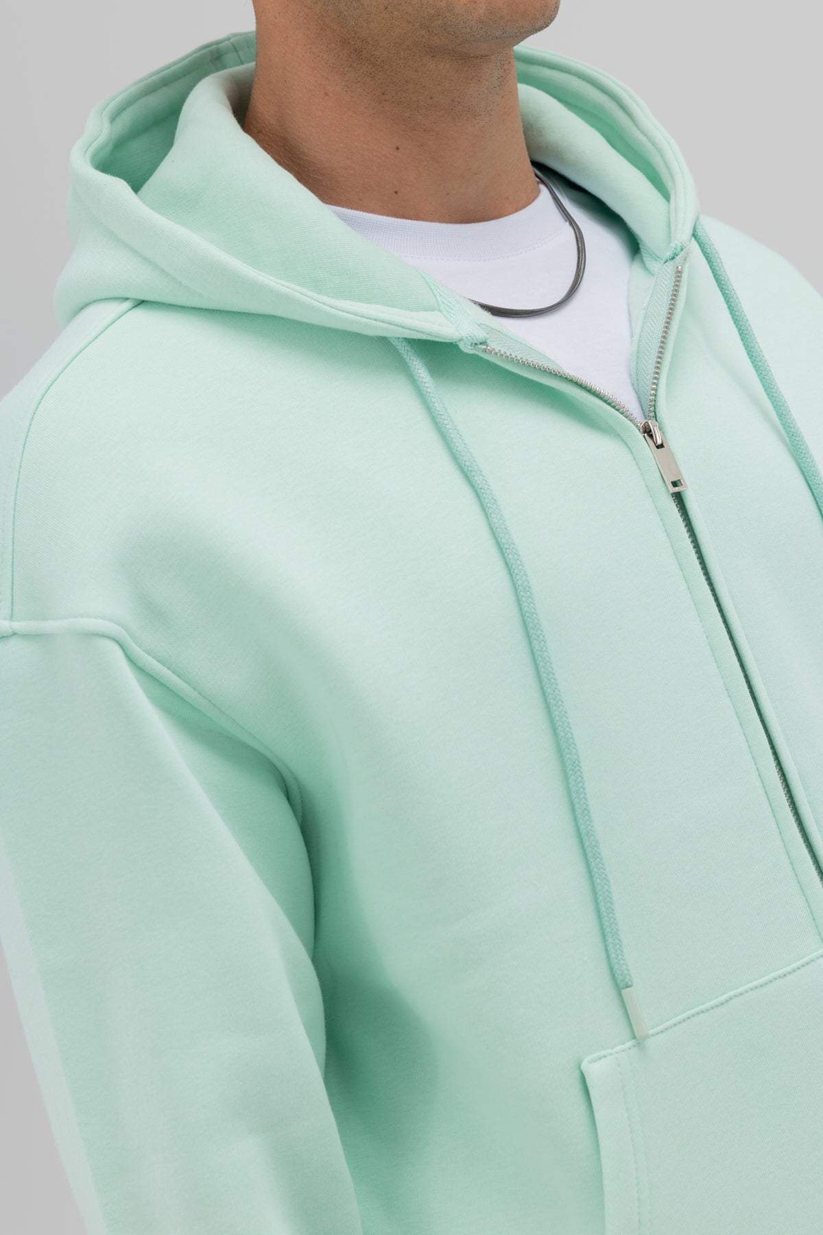 Basic Fermuarlı Oversize Kapüşonlu Sweatshirt Mint