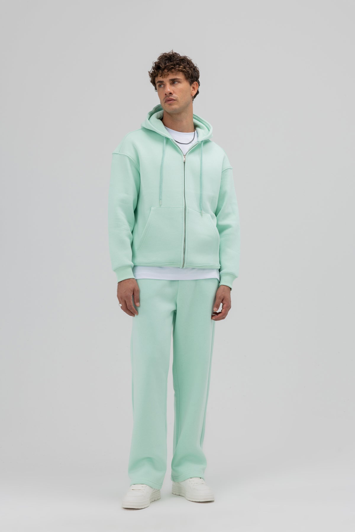 Basic Fermuarlı Oversize Kapüşonlu Sweatshirt Mint