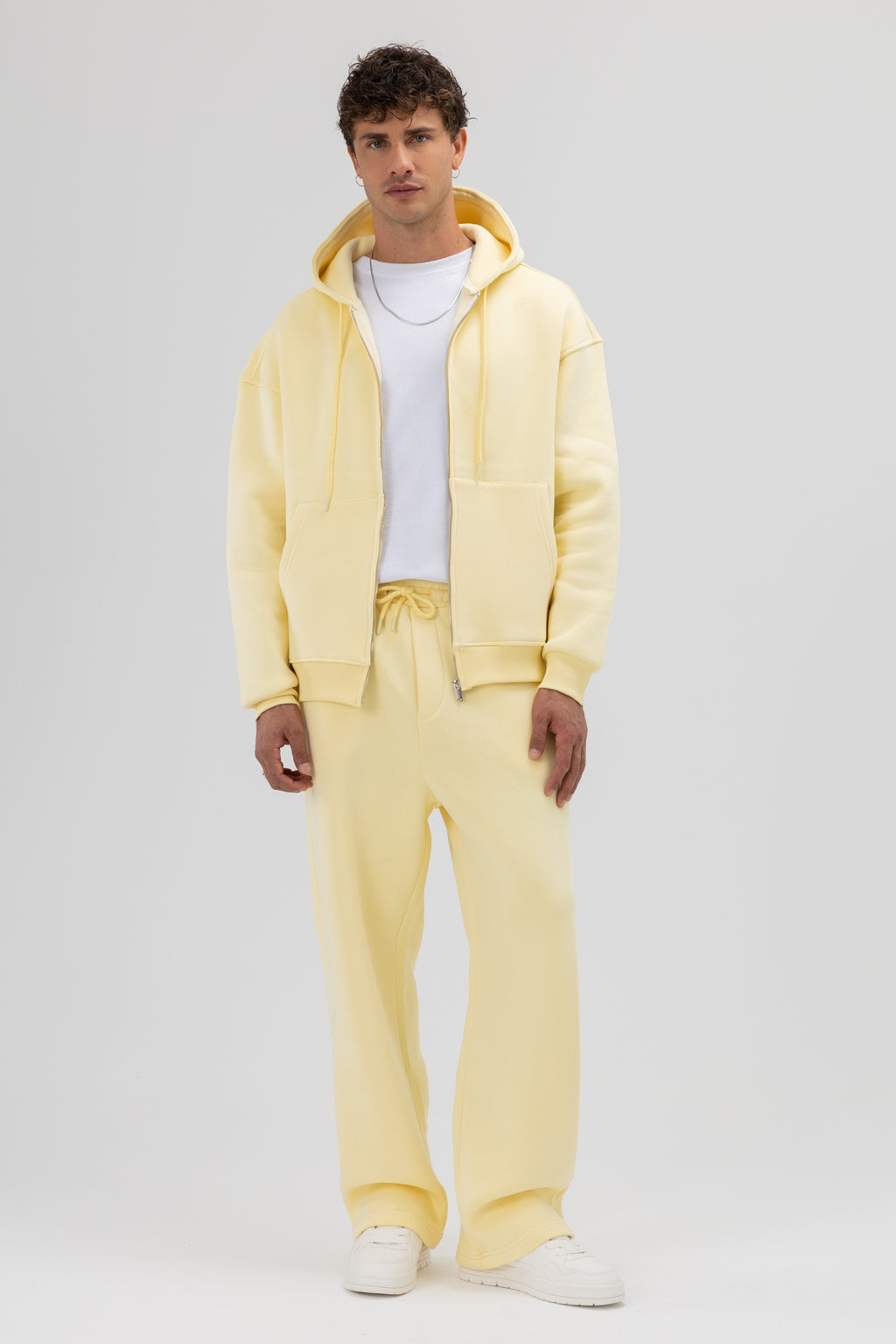 Basic Fermuarlı Oversize Kapüşonlu Sweatshirt Sarı