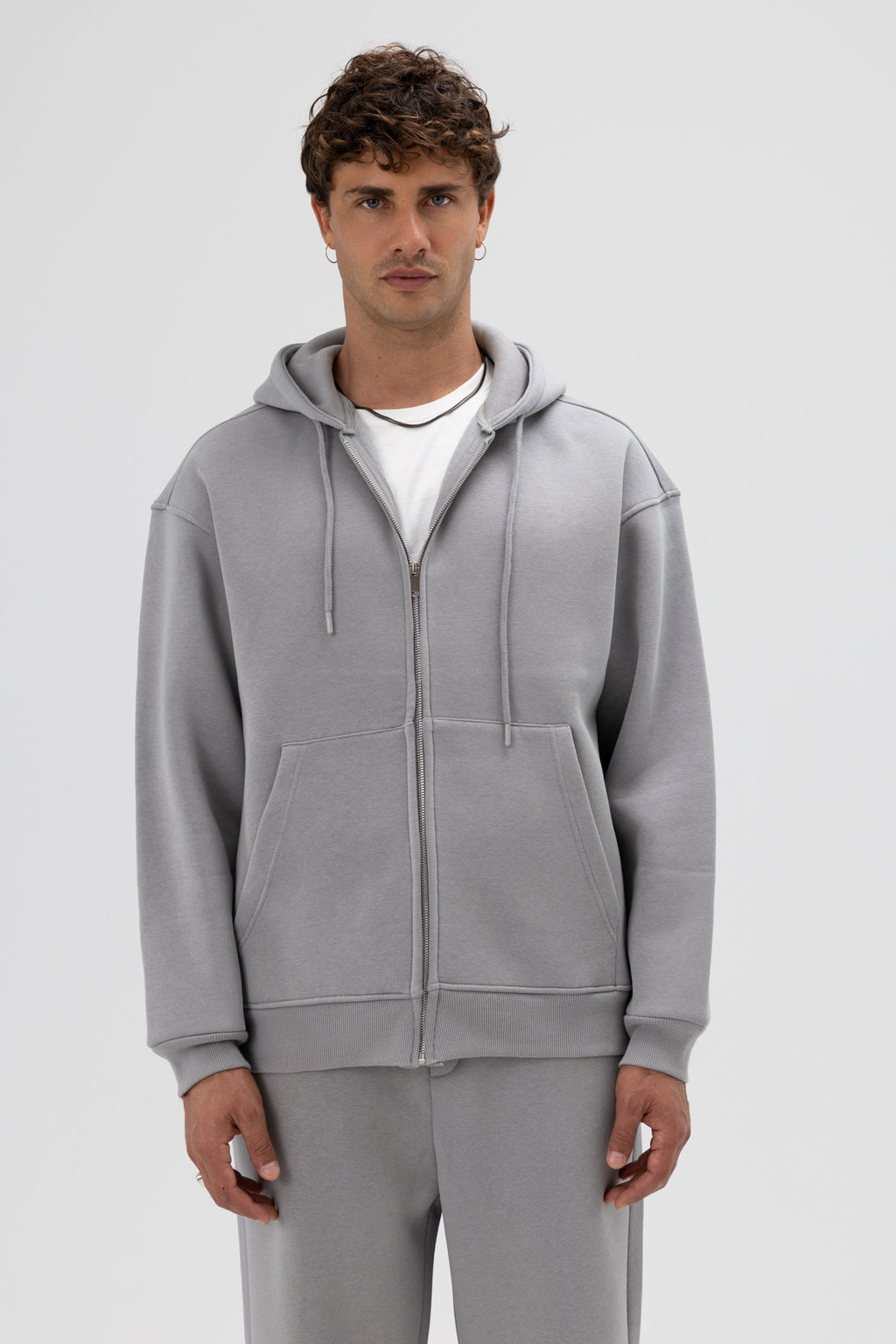 Basic Fermuarlı Oversize Kapüşonlu Sweatshirt Gri