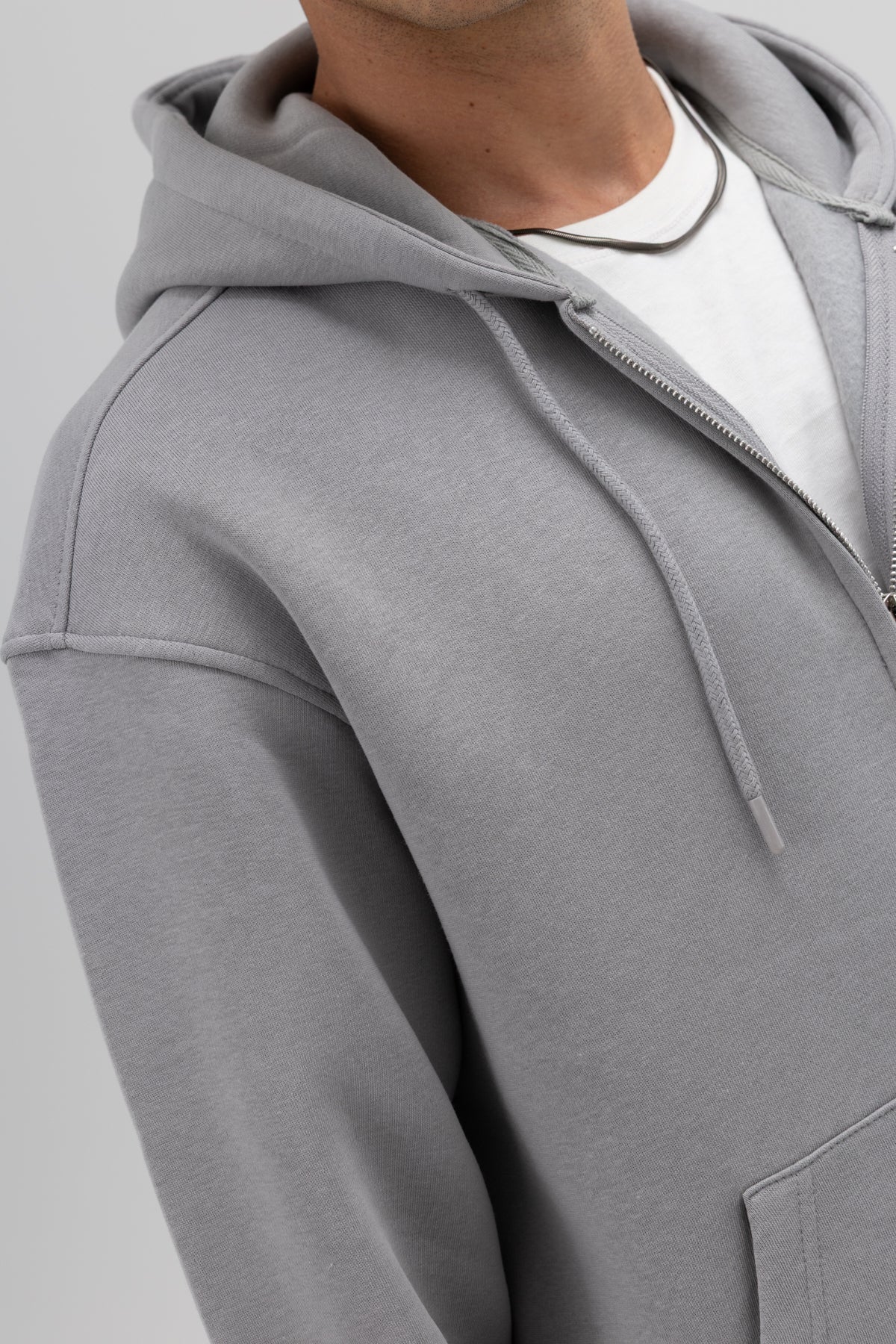 Basic Fermuarlı Oversize Kapüşonlu Sweatshirt Gri