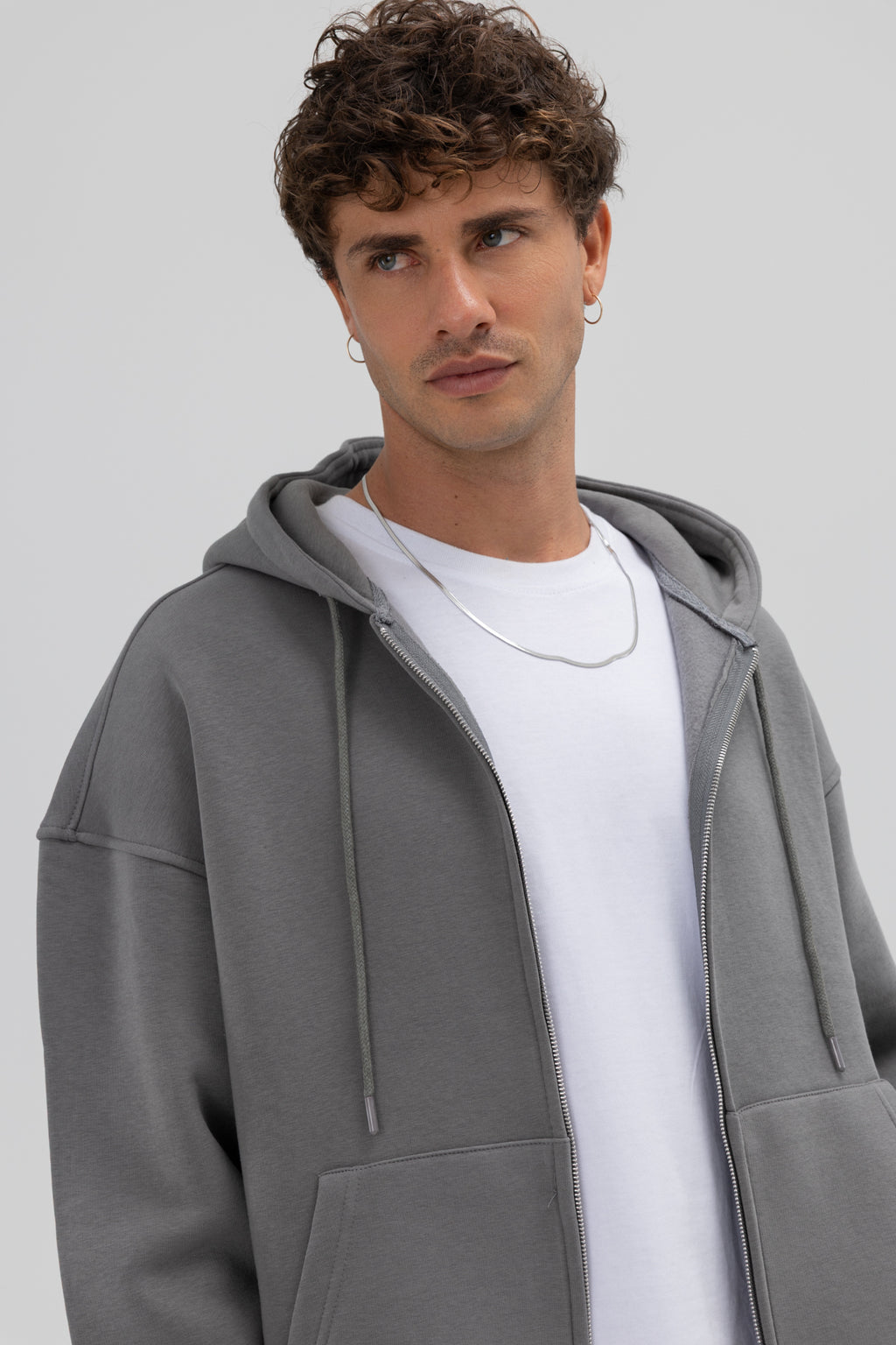 Basic Fermuarlı Oversize Kapüşonlu Sweatshirt Füme