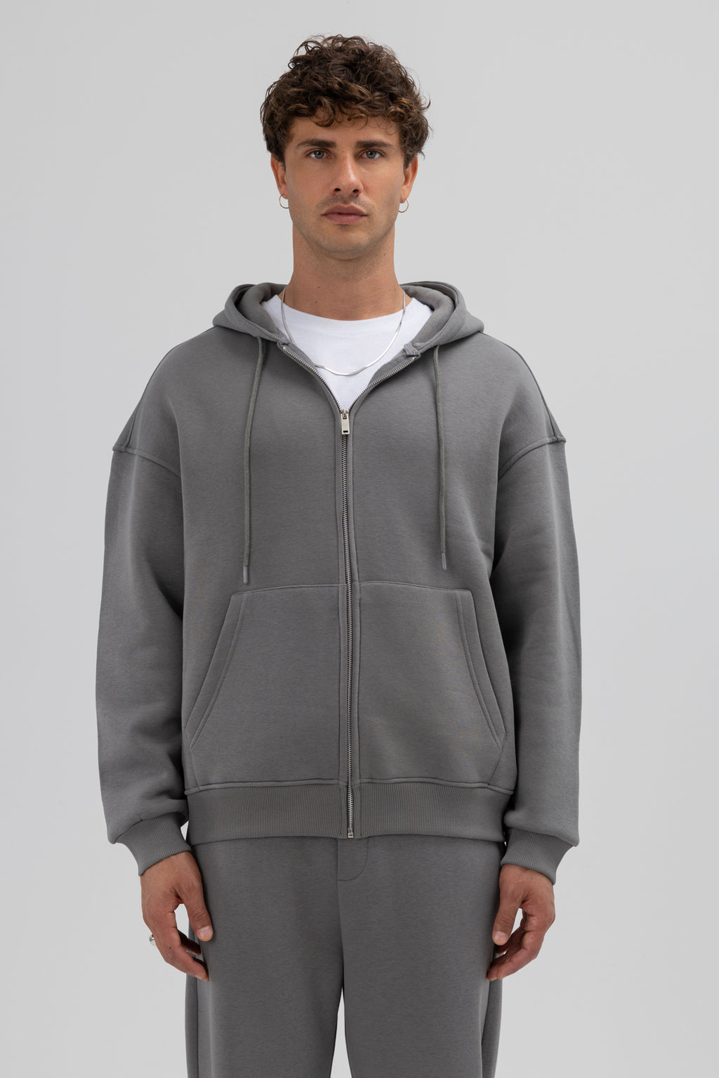 Basic Fermuarlı Oversize Kapüşonlu Sweatshirt Füme